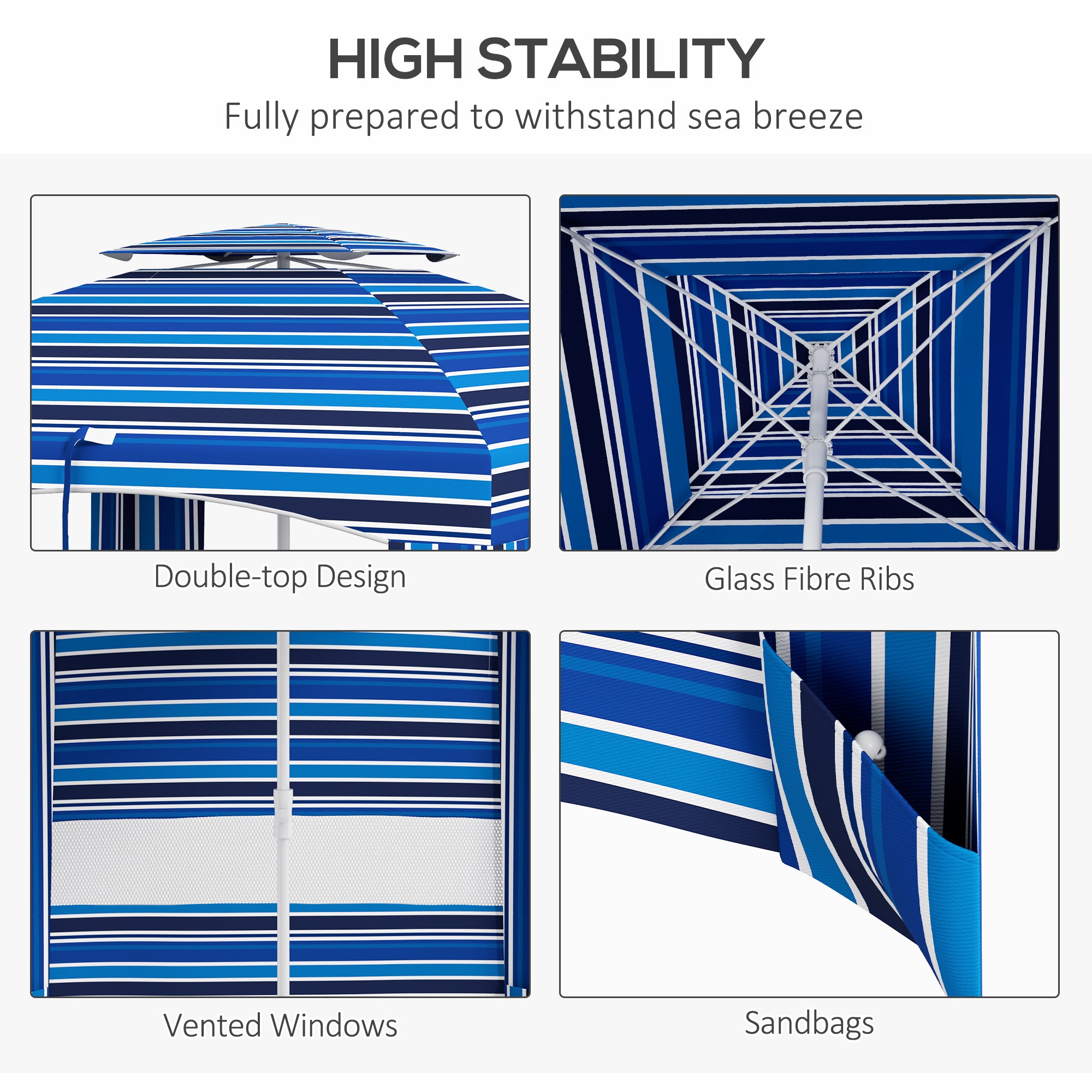 5.8' x 5.8' Cabana Umbrella for Travel, Walls, Vents, Ruffles, Carry Bag, Beach Umbrella, Blue Stripe