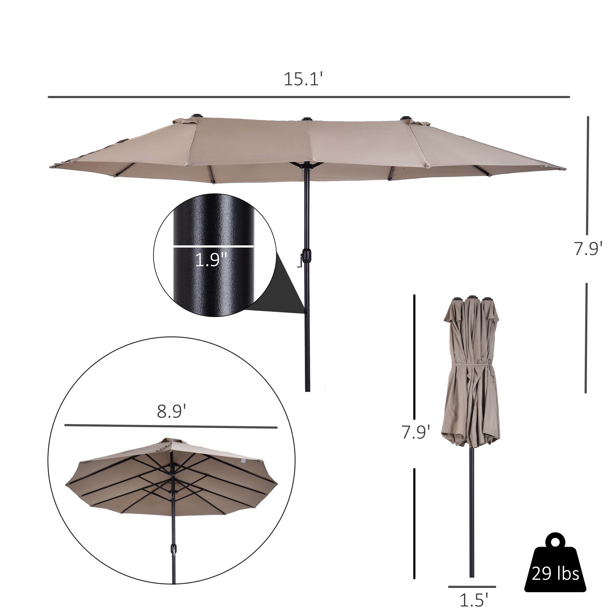 Patio Umbrella 15ft Double-Sided Outdoor Market Extra Large Umbrella with Crank Handle for Deck, Lawn, Backyard and Pool, Tan