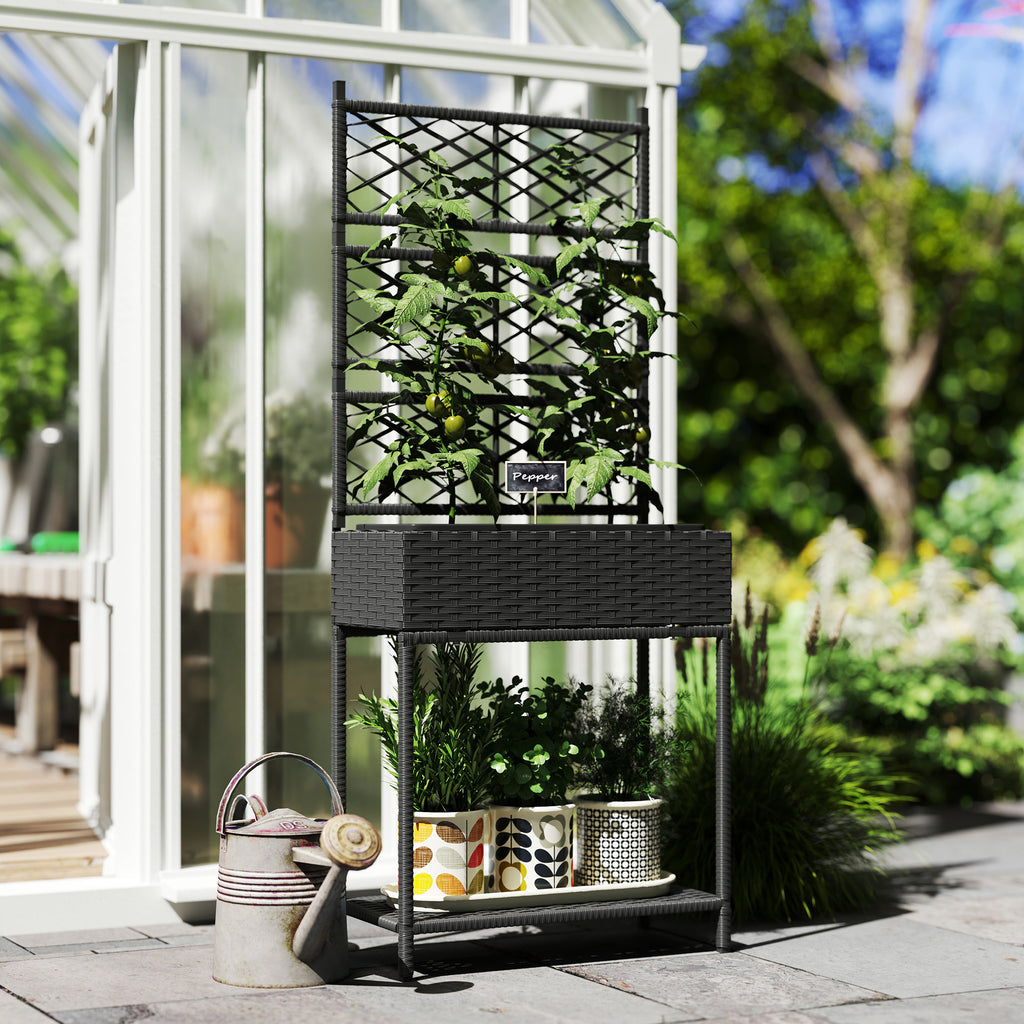 Outdoor Wicker Planter with Trellis for Climbing Plants, Freestanding Rattan Garden Box with Storage Shelf, Black