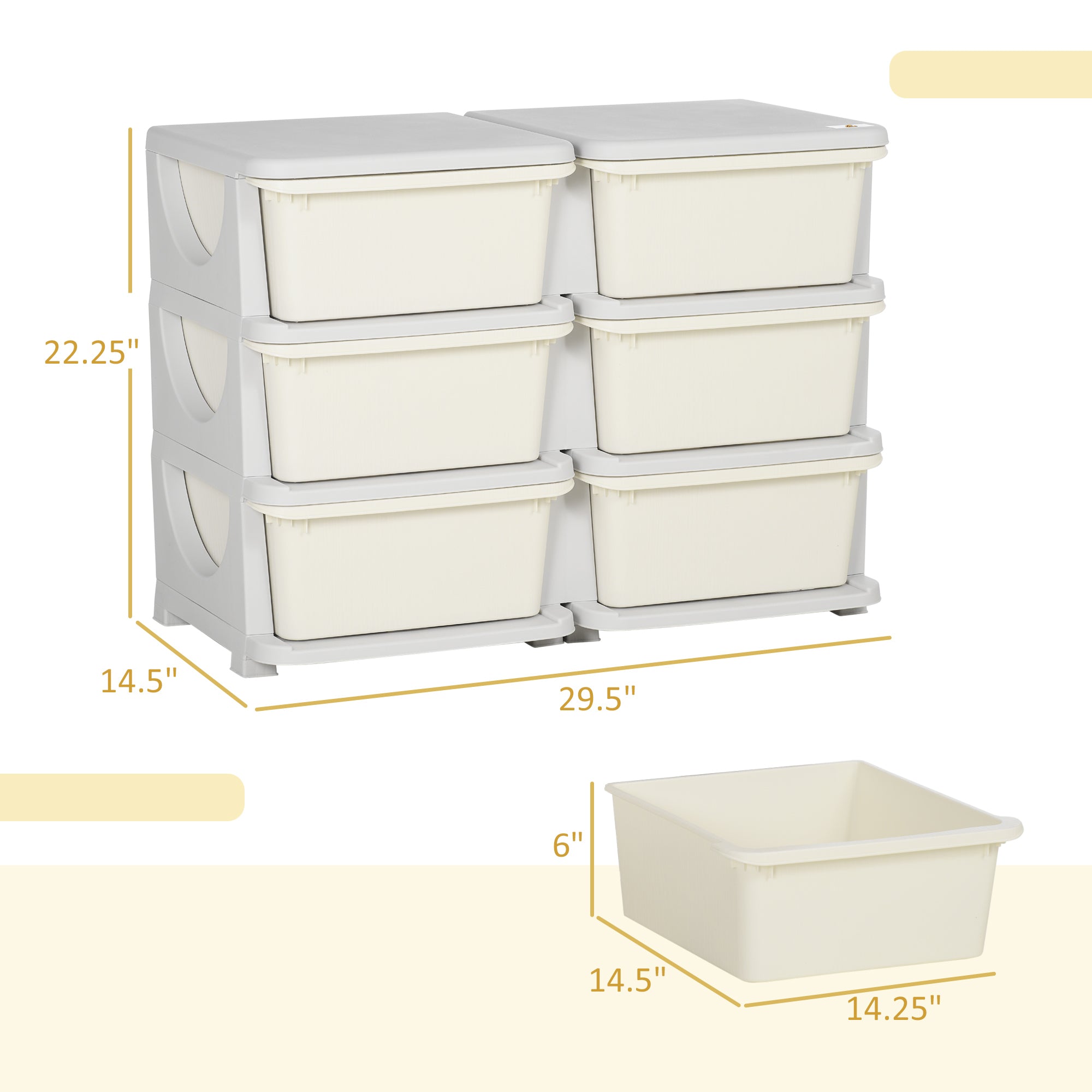 3 Tier Kids Storage Organizer with 6 Drawers for Bedroom, Nursery, Kindergarten, Living Room, Boys and Girls, Cream