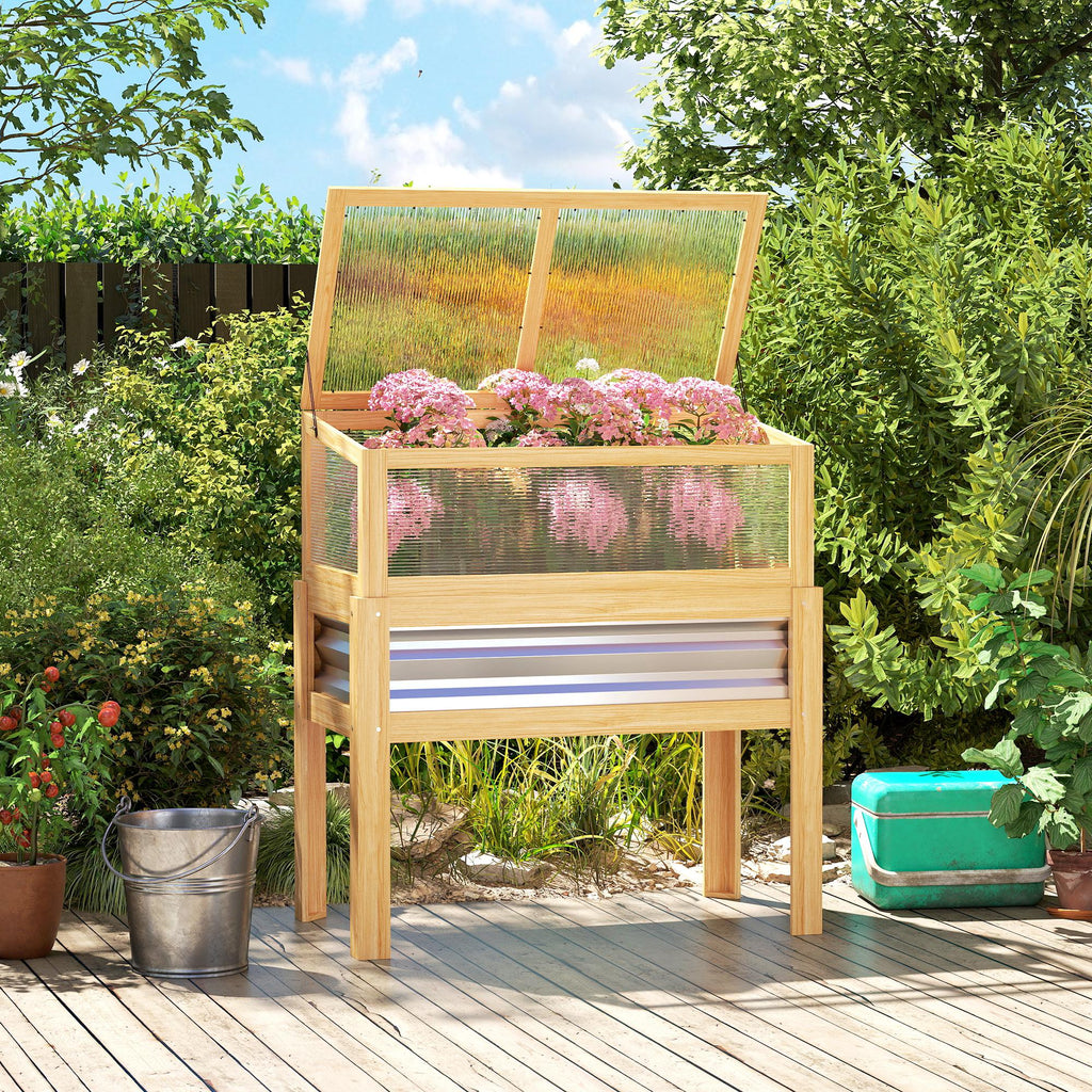 Raised Garden Bed with Mini Greenhouse, Elevated Planter Box with Legs and Bed Liner for Flowers, Vegetables