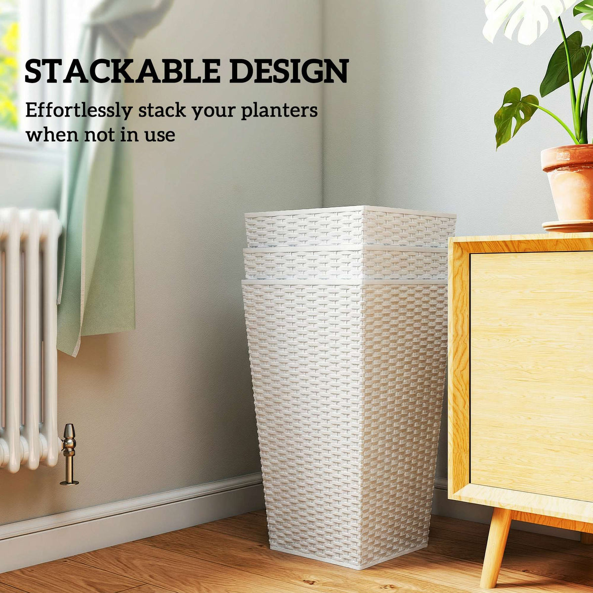 Tall Planters for Outdoor Plants Set of 3, 24 In Taper Planters with Drainage Holes, Rattan Decor Plant Pots, White