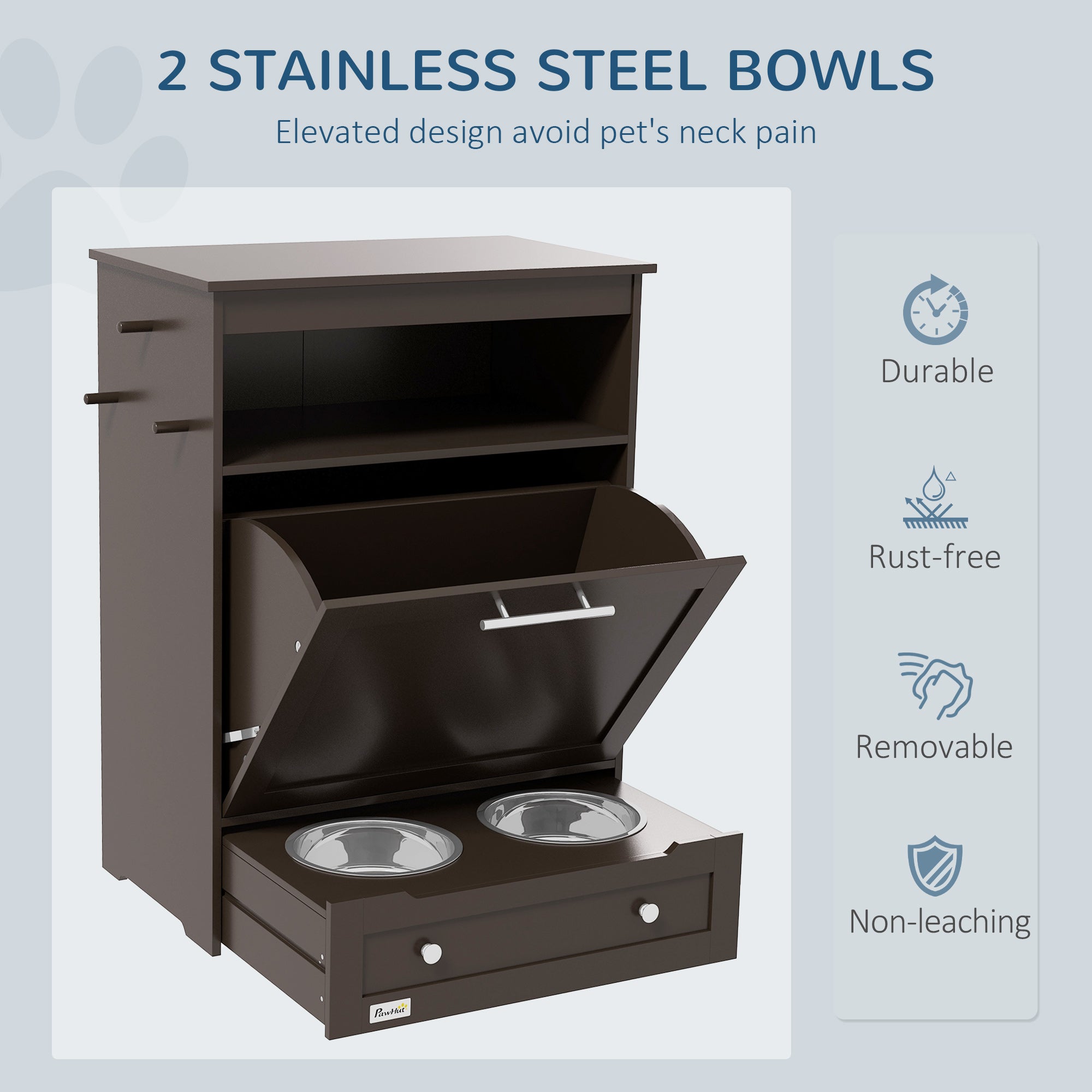 Pet Feeder Station Storage Cabinet, Dog Food Storage Container with Dog Raised Bowls, Watering Supplies, Gray
