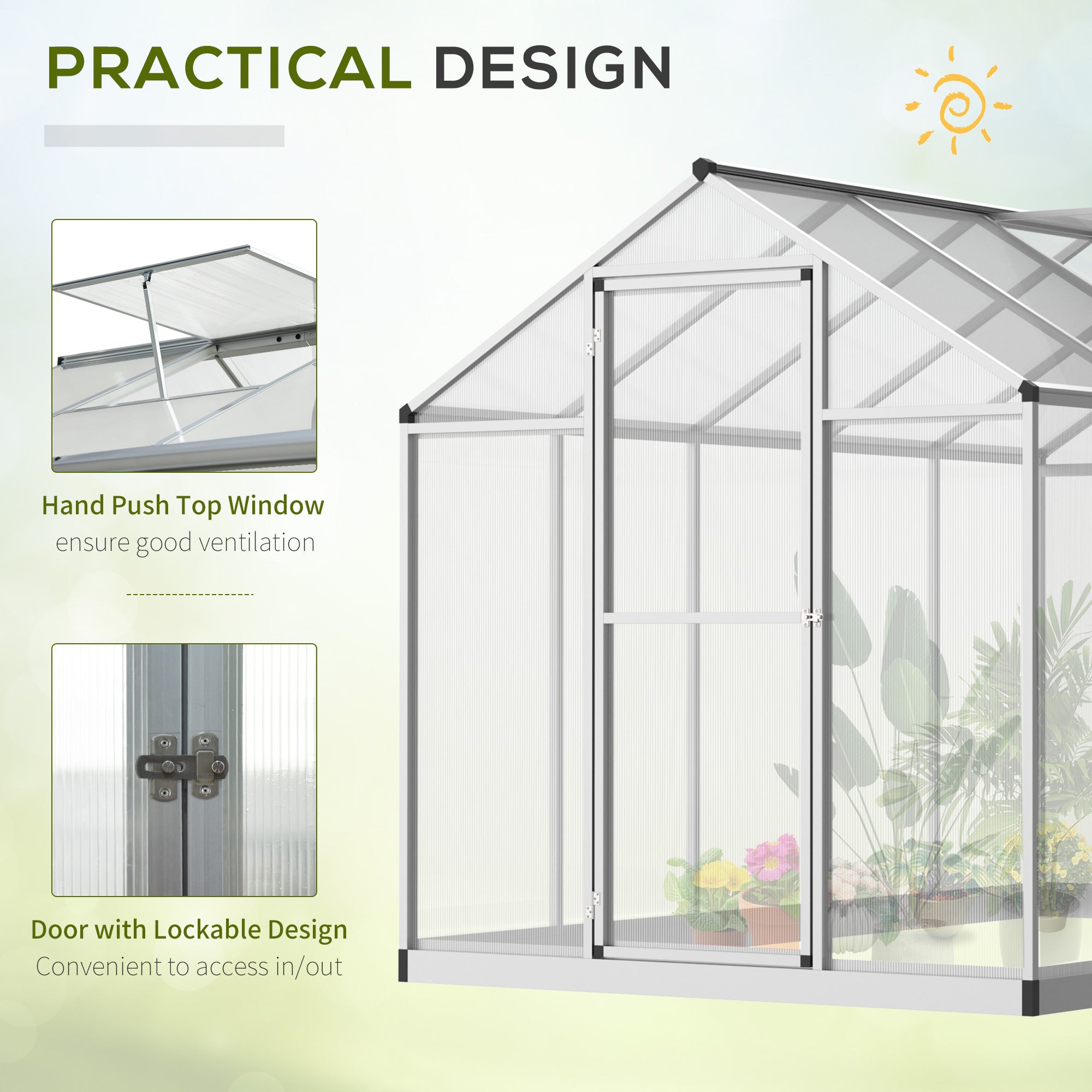 10' L x 6' W Walk-In Polycarbonate Greenhouse with Roof Vent for Ventilation & Rain Gutter for Winter