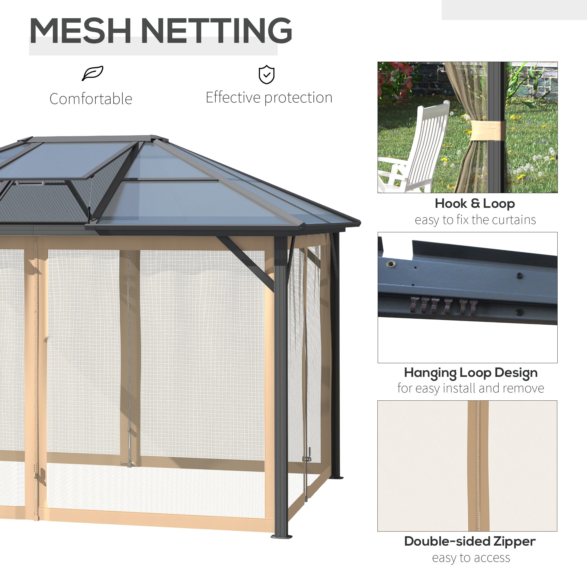 10' x 12' Hardtop Gazebo Canopy with Polycarbonate Roof, Aluminum Frame, Permanent Pavilion Outdoor Gazebo with Netting, for Patio, Garden, Backyard, Deck, Lawn, Gray, Brown