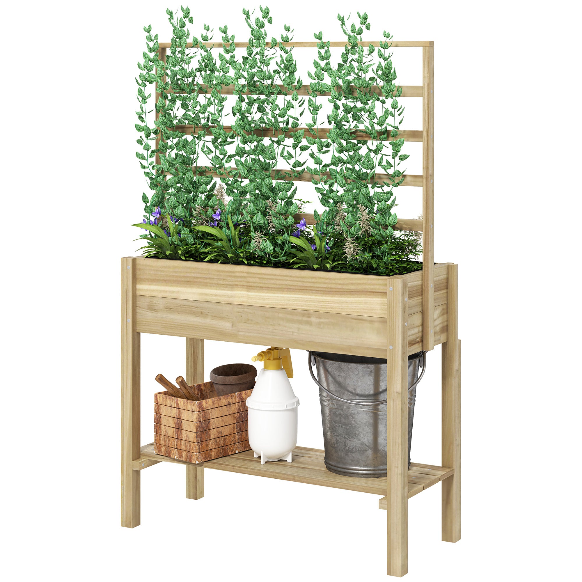 Wooden Raised Garden Bed with Trellis, Outdoor Planter Box with Storage Shelf for Vegetables, Flowers, Herbs