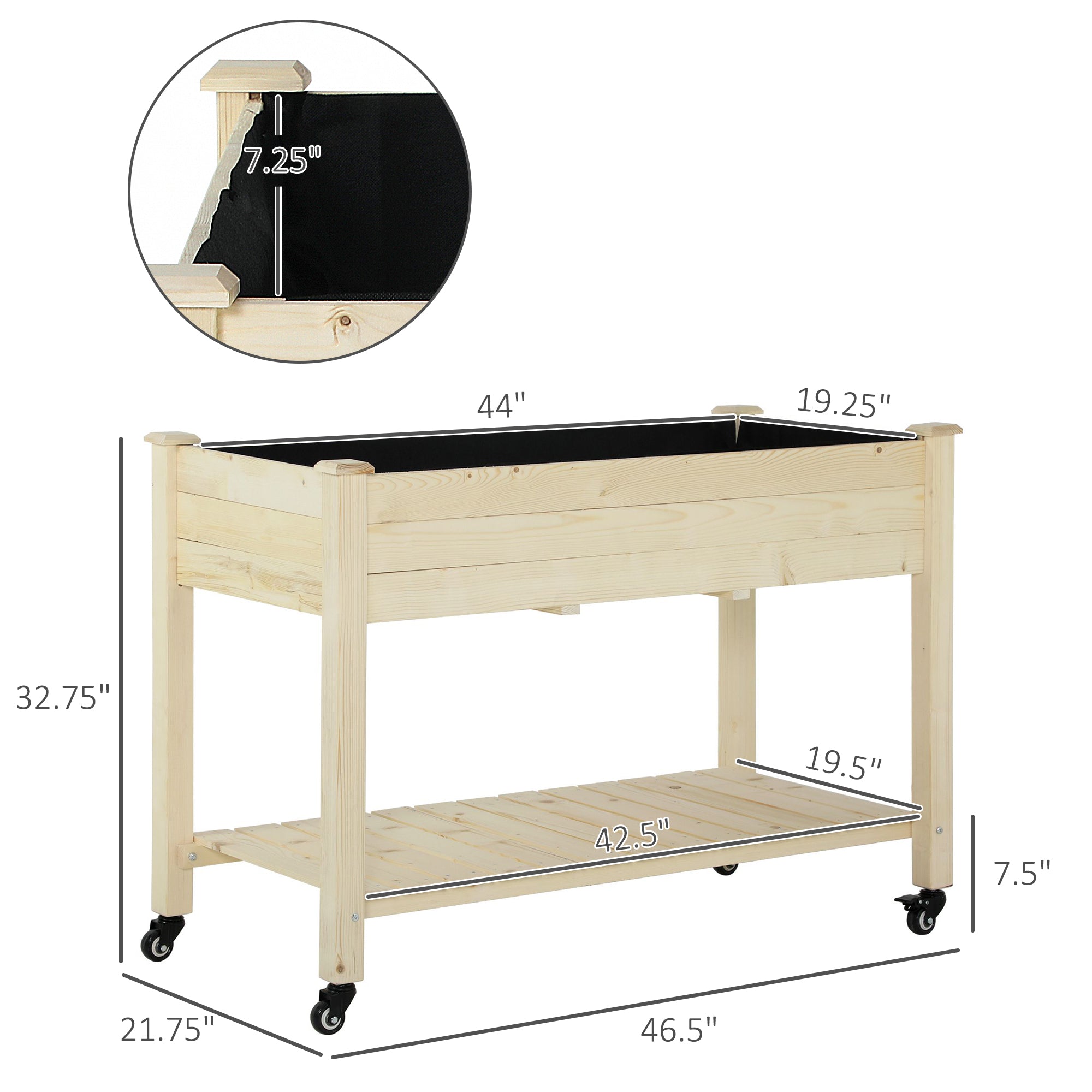 Raised Garden Bed, 47" x 22" x 33", Elevated Wooden Planter Box w/ Lockable Wheels, Storage Shelf, and Bed Liner for Backyard, Patio, Natural