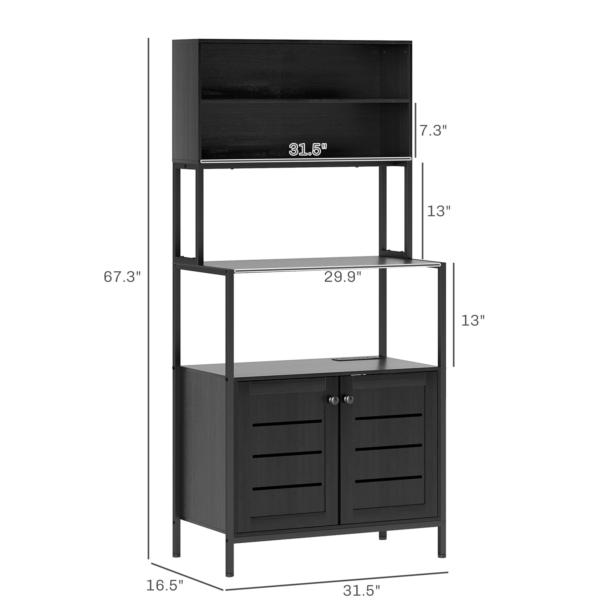 Baker's Rack with Power Outlet and Storage Shelves, Microwave Stand with Louvred Door Cabinets, Black
