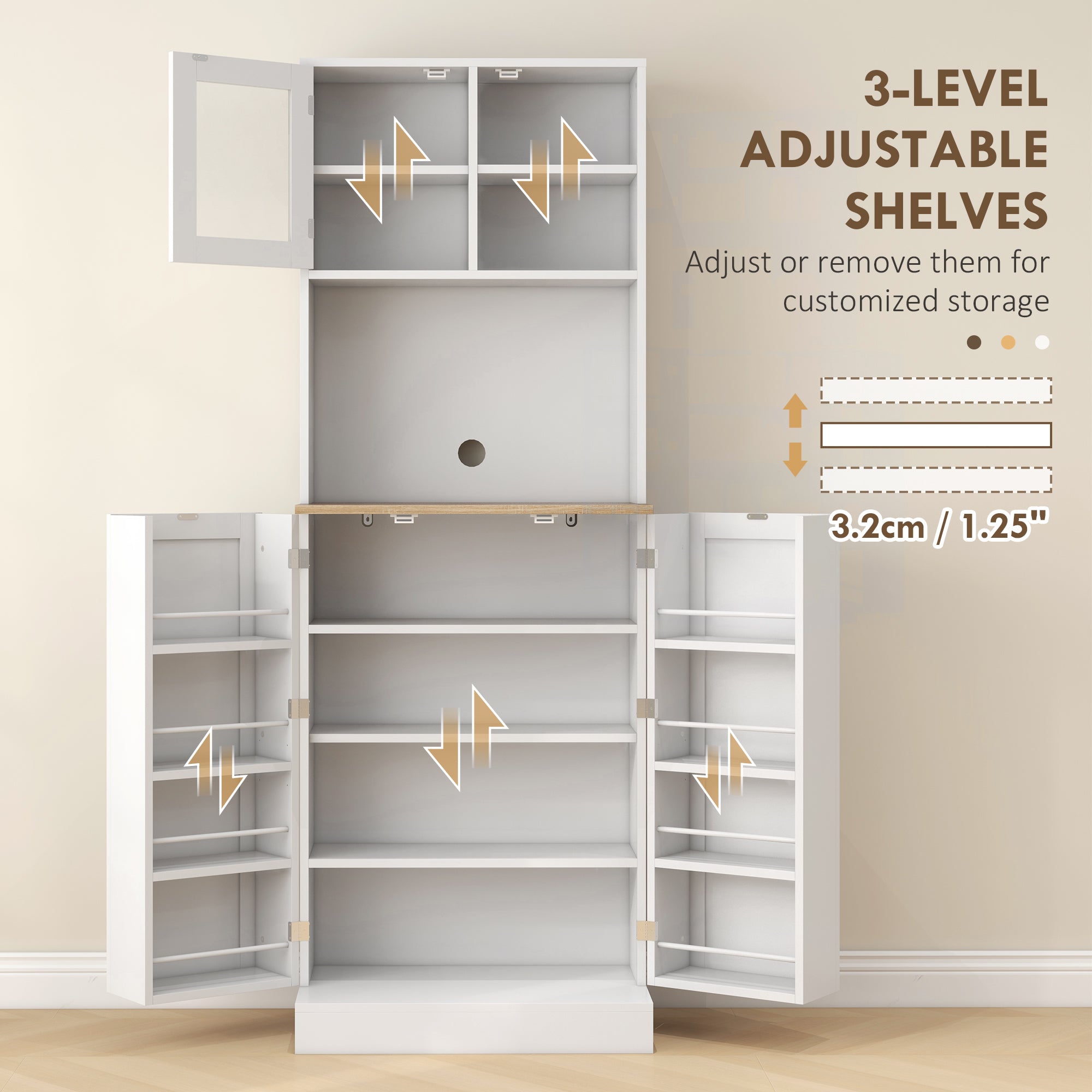 66.5" Tall Kitchen Pantry Cabinet, Kitchen Hutch, Microwave Cabinet with Adjustable Shelves for Dining Room, White