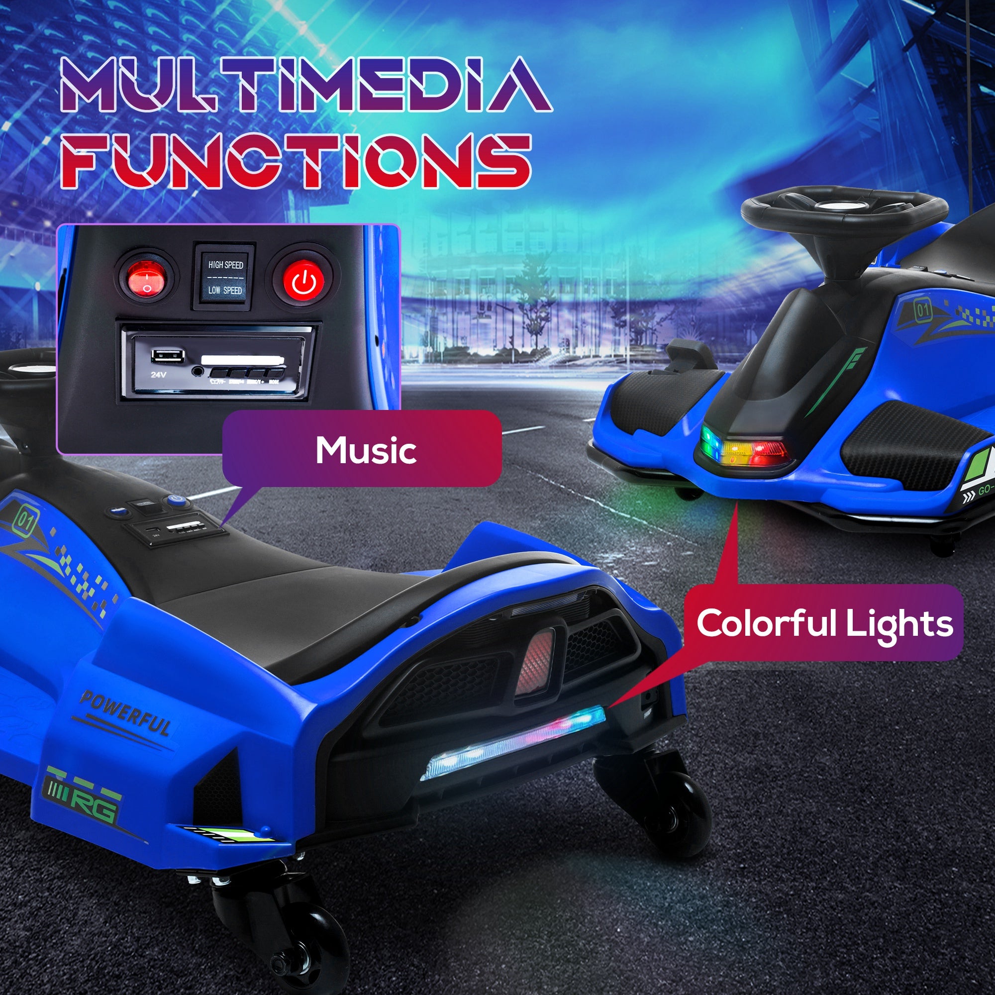 12V Electric Drifting Go Kart w/ Slow Start, Music, Lights, Blue