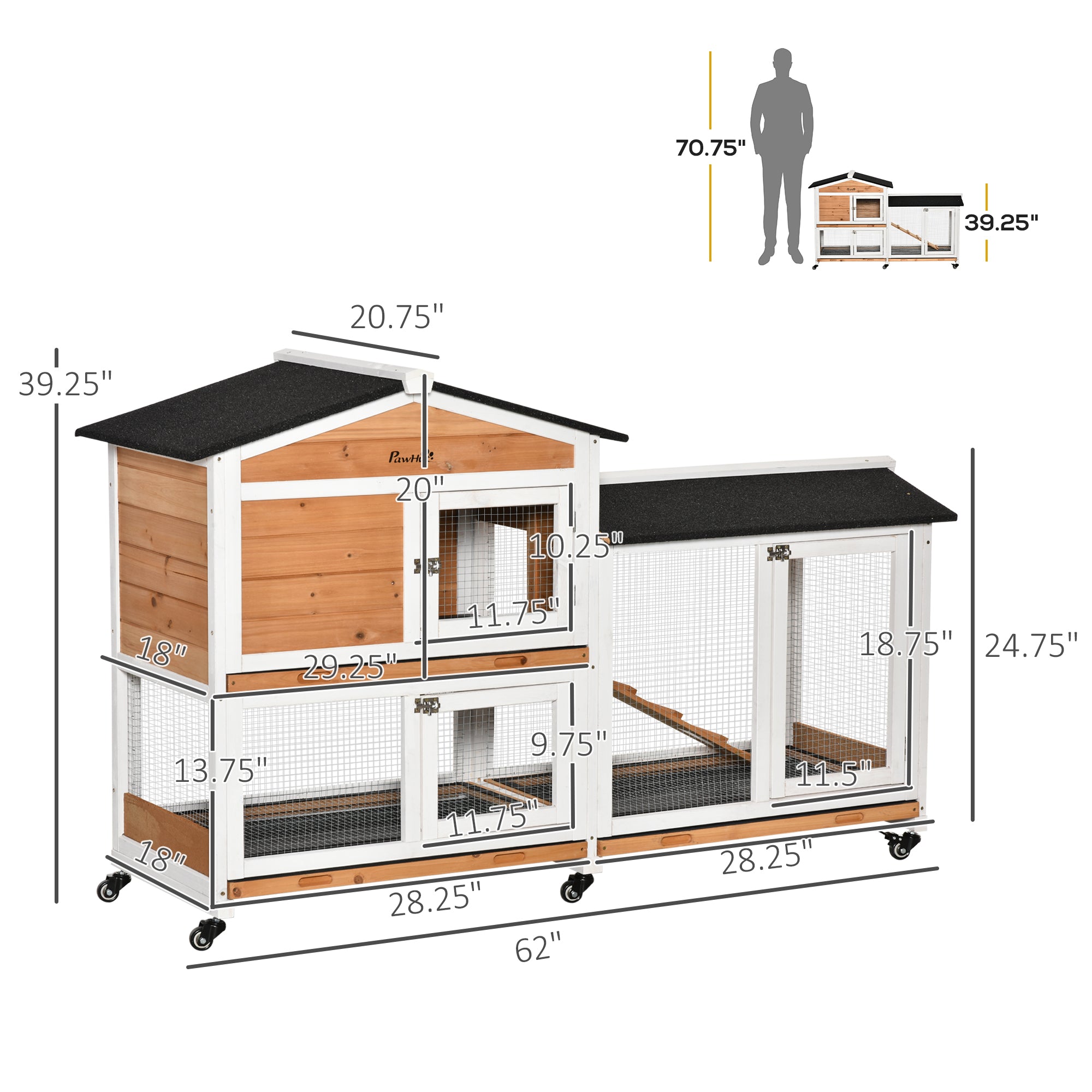 62" Wooden Mobile Rabbit Hutch with Wheels, Run Box, Slide-out Tray, Ramp, Yellow