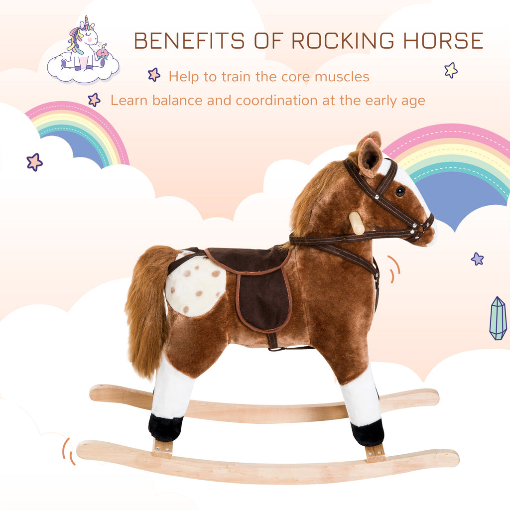 Kids Plush Toy Rocking Horse Pony Toddler Ride on Animal for Girls Pink Birthday Gifts with Realistic Sounds, Brown