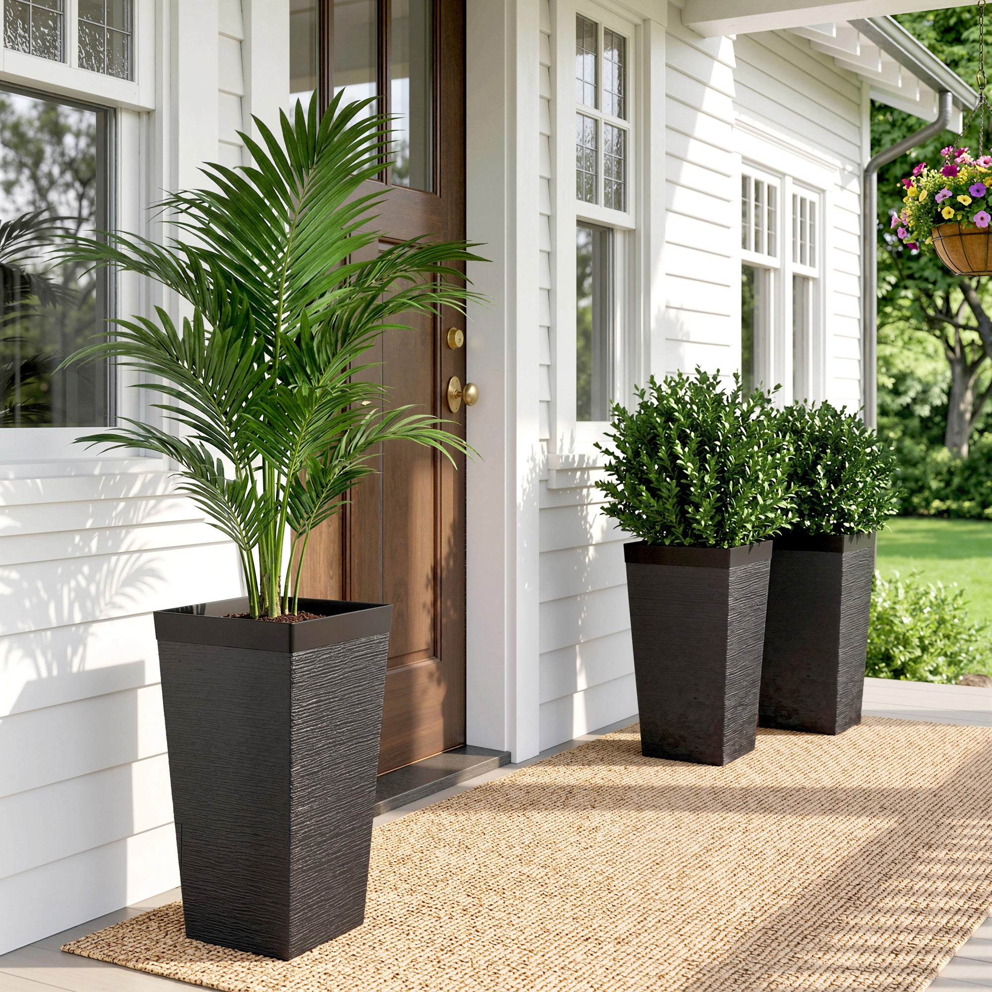22.8 Inch Set of 3 Outdoor Planters with Stone Finish and Wheels, Stackable Tapered Planters with Drainage Hole, Black