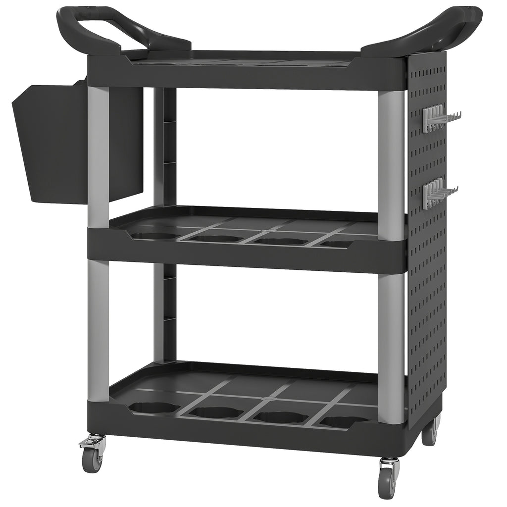 3-Tier Rolling Tool Cart, 200 LBS Capacity Plastic Utility Cart with Side Shelf and Bucket, Black and Light Gray
