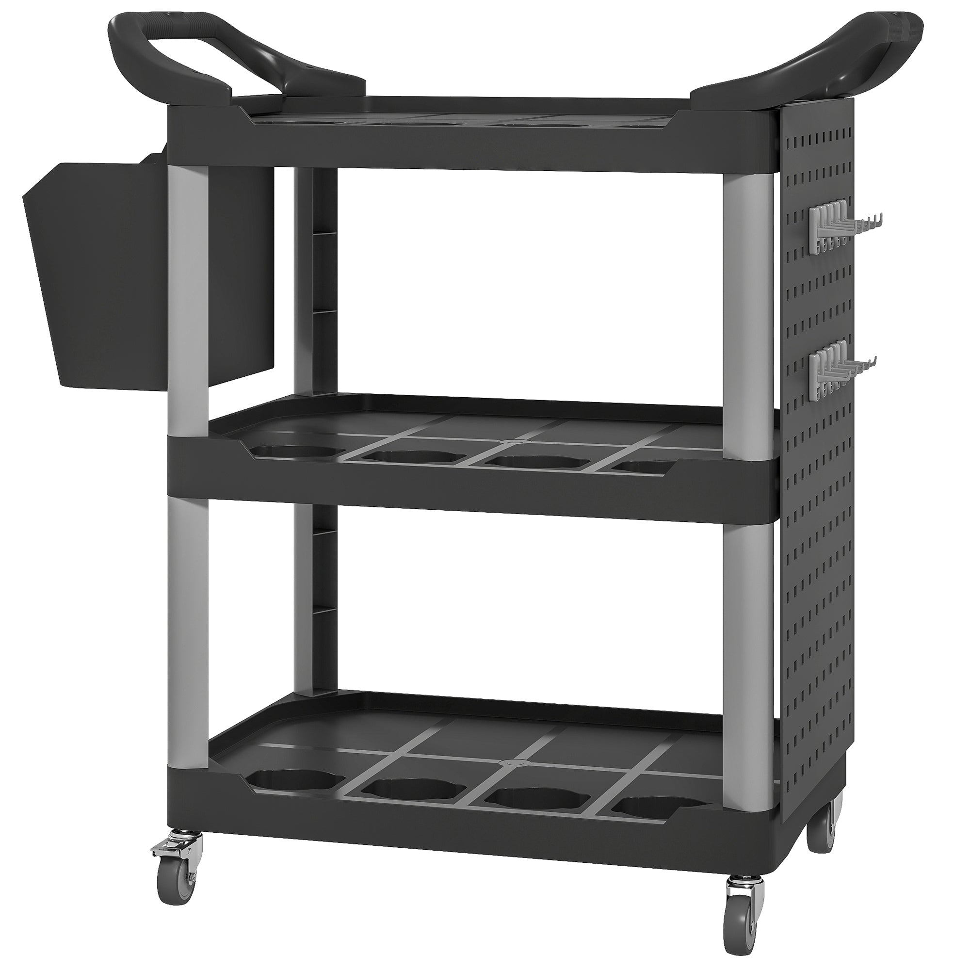 3-Tier Rolling Tool Cart, 200 LBS Capacity Plastic Utility Cart with Side Shelf and Bucket, Black and Light Gray