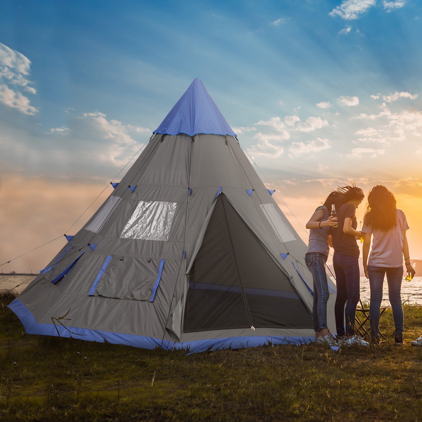 12Ft Camping Tent 6-7 Person 4 Season with 8 Mesh Windows, Outdoor Teepee Tent with Waterproof Material