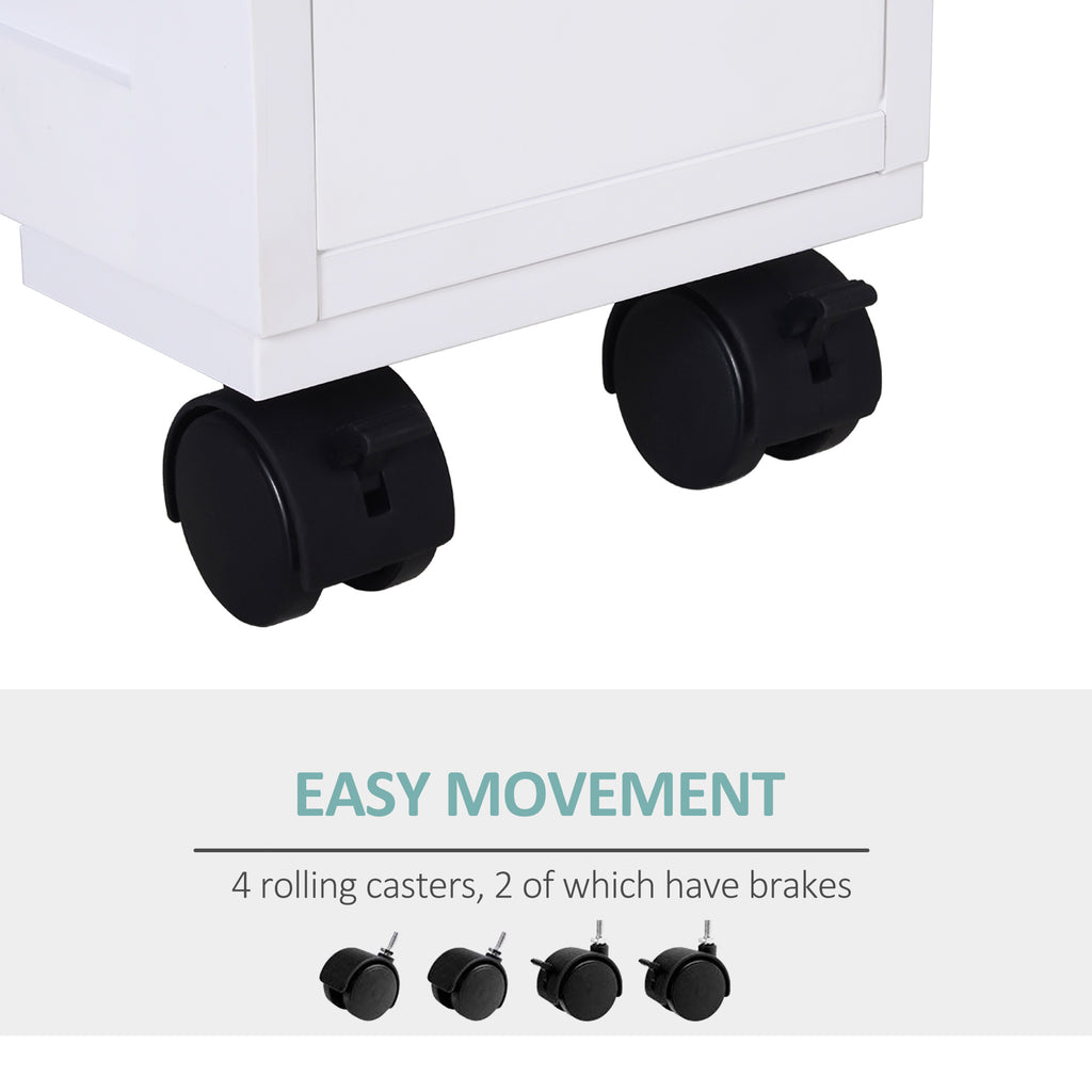 6.25" x 20.5" x 28.25" Wood Rolling Narrow Bathroom Side Storage Cabinet - White