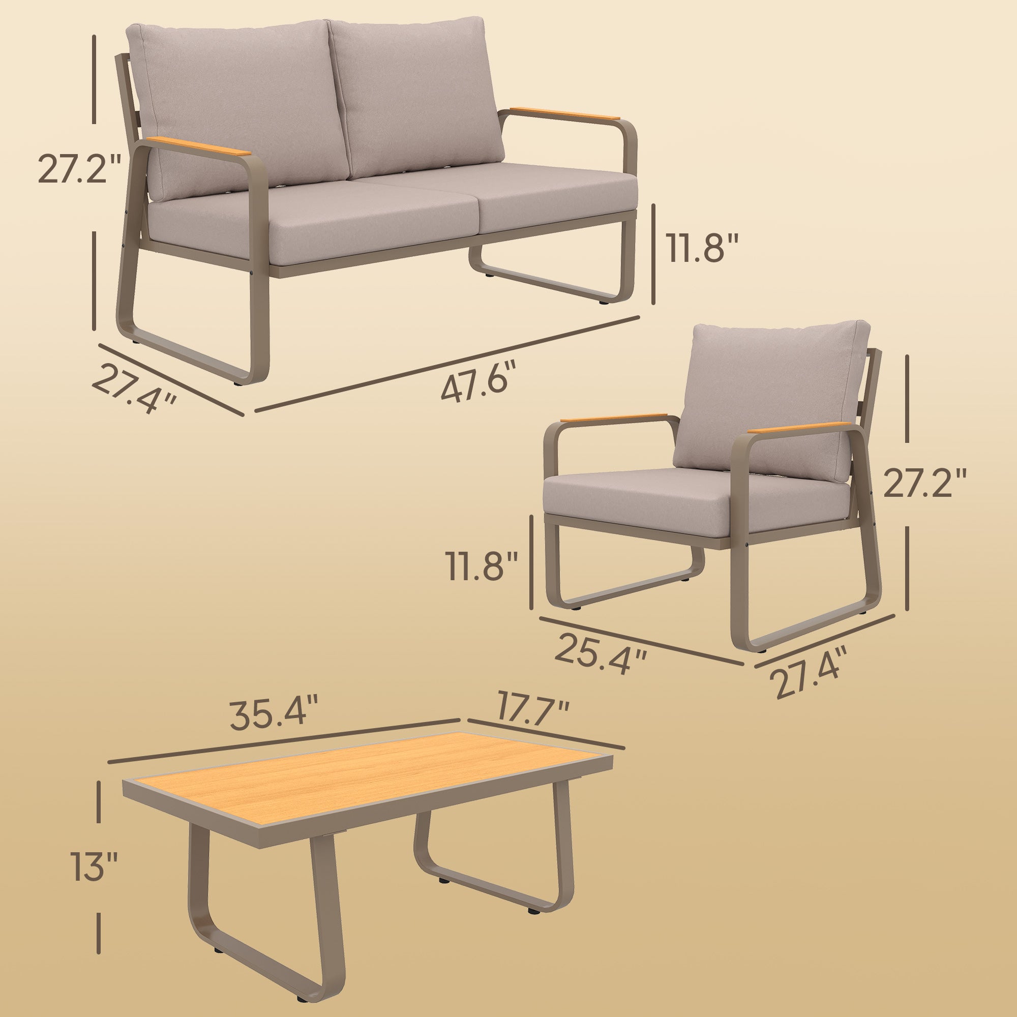 4 Piece Patio Furniture Set, Outdoor Sofa Set with Loveseat, 2 Armchairs, Coffee Table and Cushions