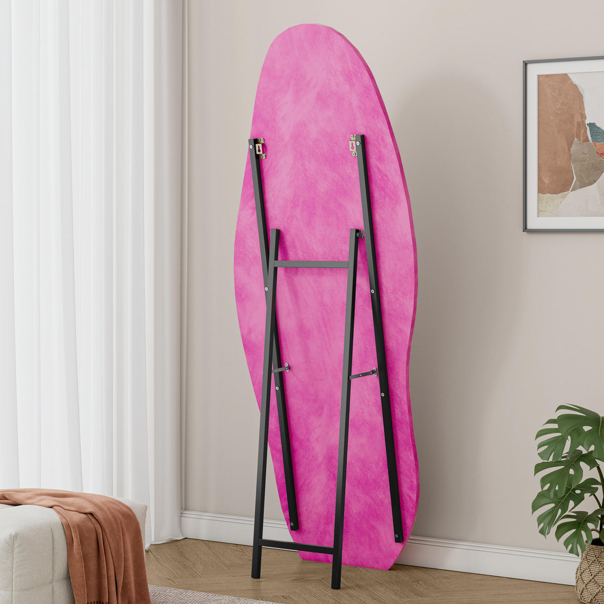 Full-Length Mirror with Flannel-Wrapped Wooden Frame, Irregular Wavy Design, Tempered Glass for Living Room, 63" L x 24" W x 2.5" H, Rose Pink