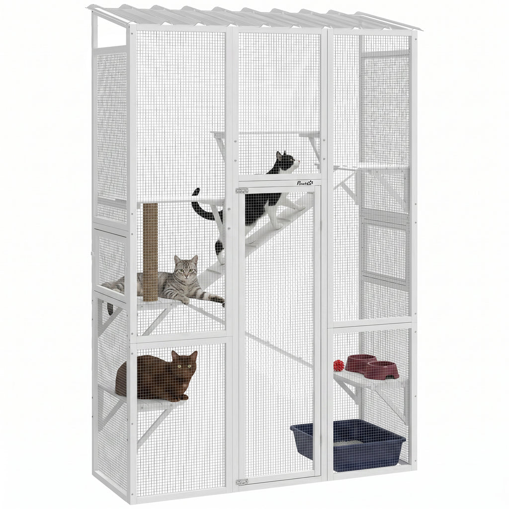 Outdoor Catio Cat Enclosure, Large Wooden Cat House with 6 Jumping Platforms, Scratching Post, 2 Ramps, for 2-3 Kittens