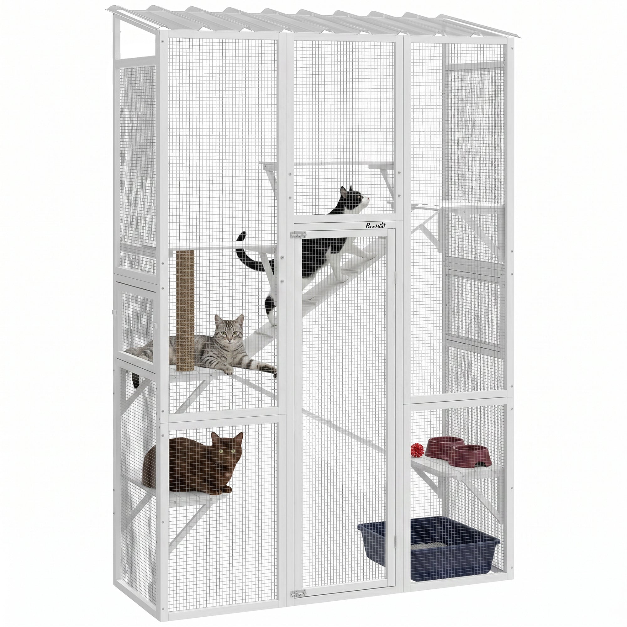Outdoor Catio Cat Enclosure, Large Wooden Cat House with 6 Jumping Platforms, Scratching Post, 2 Ramps, for 2-3 Kittens