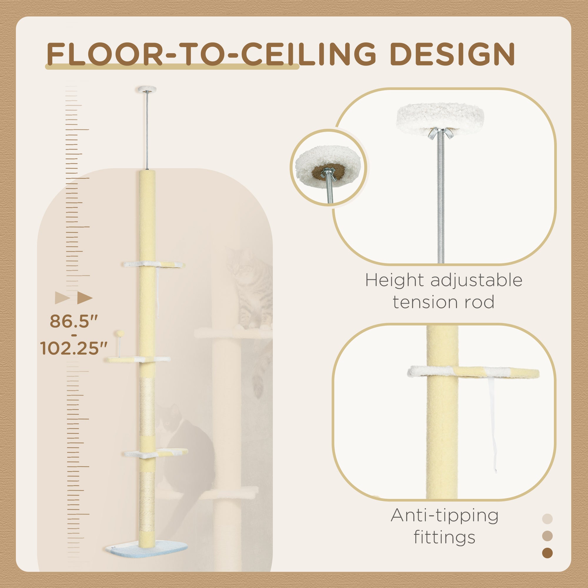4-Tier Floor to Ceiling Cat Tree Height Adjustable 87 -103 Inch