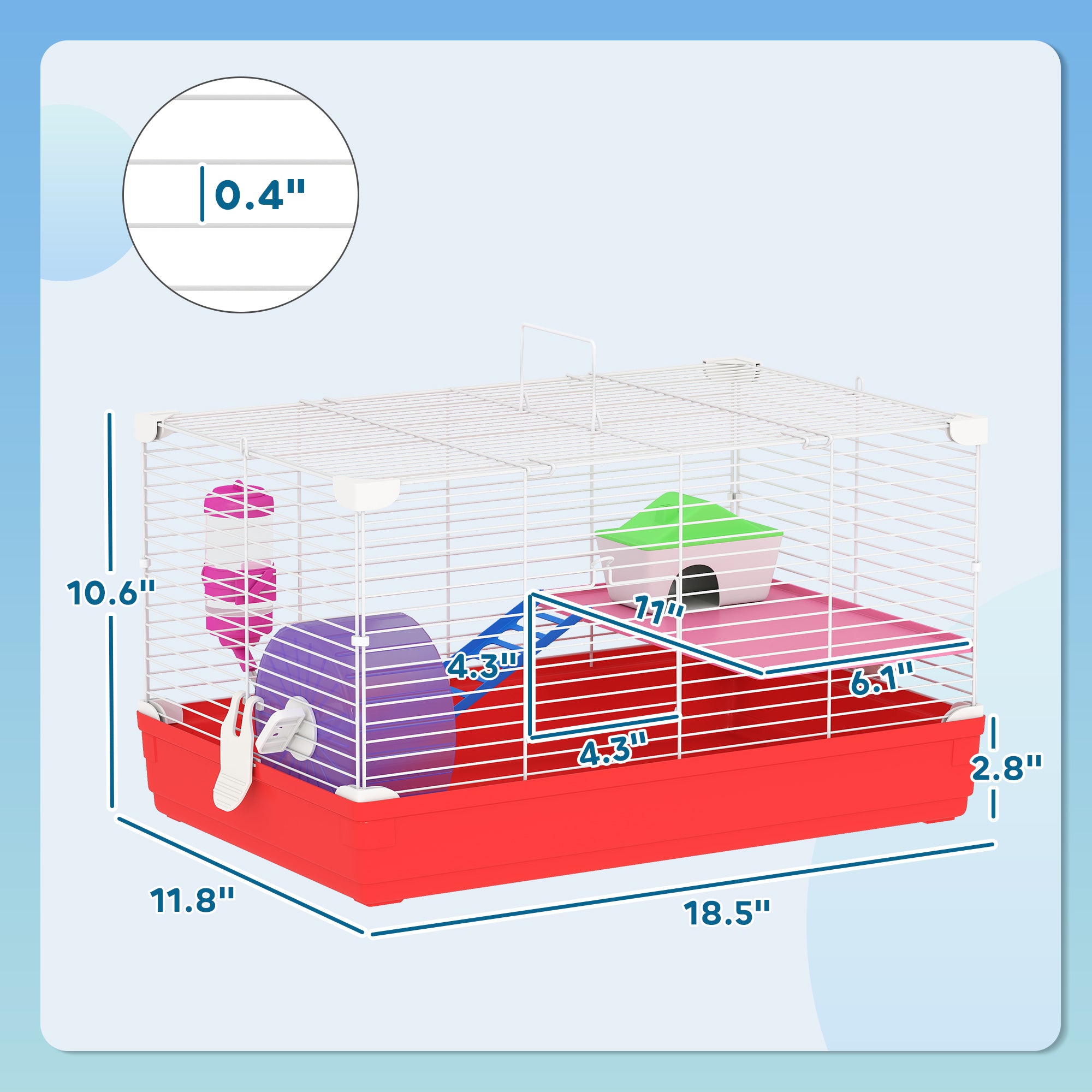 18.5" Hamster Cage with Exercise Wheel and Water Bottle, Dish, Rat House and Habitat 2-Story Design, Red