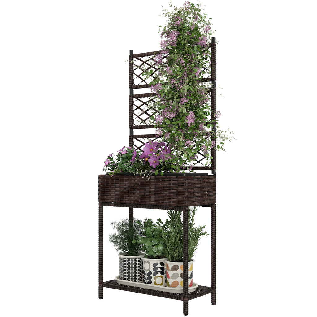 Outdoor Wicker Planter with Trellis for Climbing Plants, Freestanding Rattan Garden Box with Storage Shelf, Brown