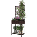 Outdoor Wicker Planter with Trellis for Climbing Plants, Freestanding Rattan Garden Box with Storage Shelf, Brown