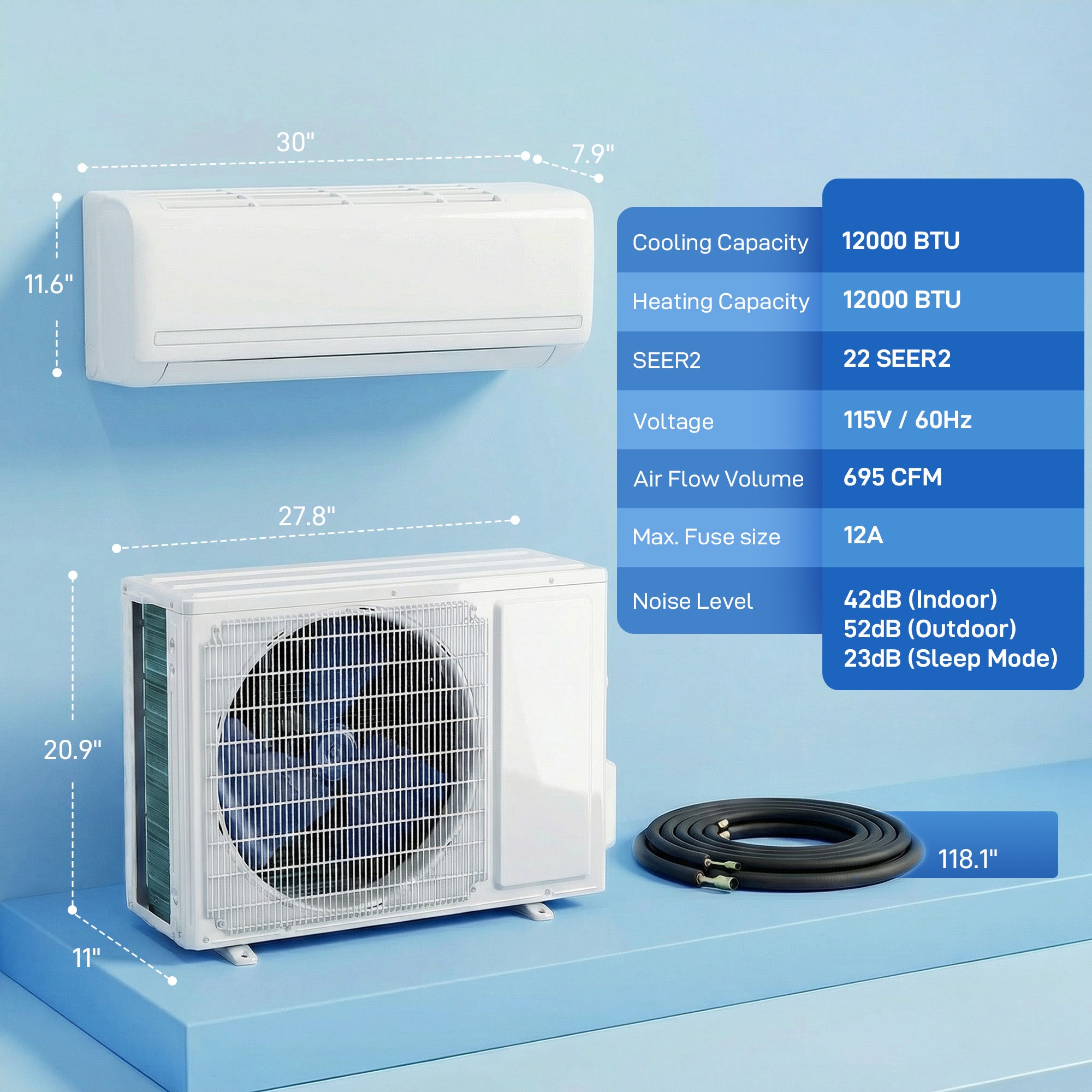 12000 BTU Mini Split Air Conditioner, 22 SEER2 115V Inverter AC Unit Cools up to 750 Sq.Ft, Complete Installation Kit