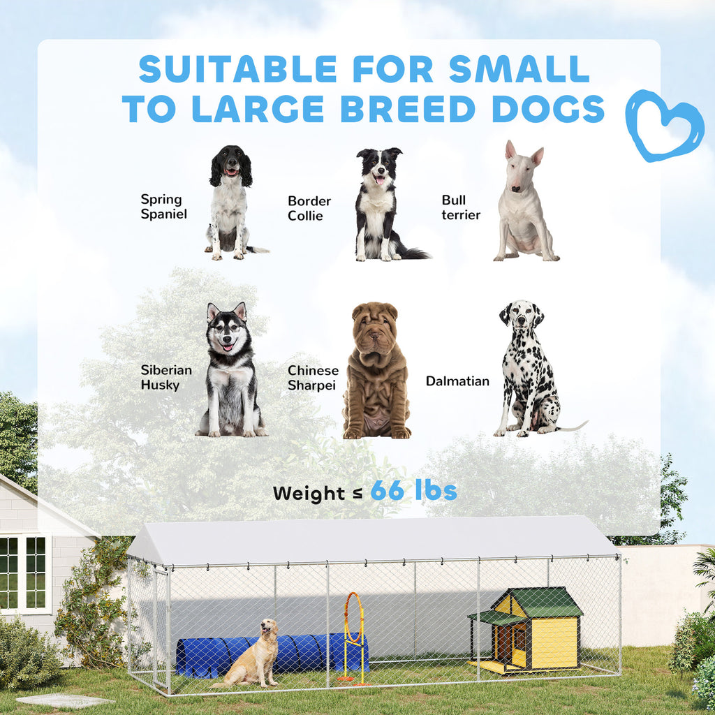 20' x 7.5' x 6.5' Dog Kennel Outdoor for Small Medium Large Dogs with Waterproof Roof, Silver