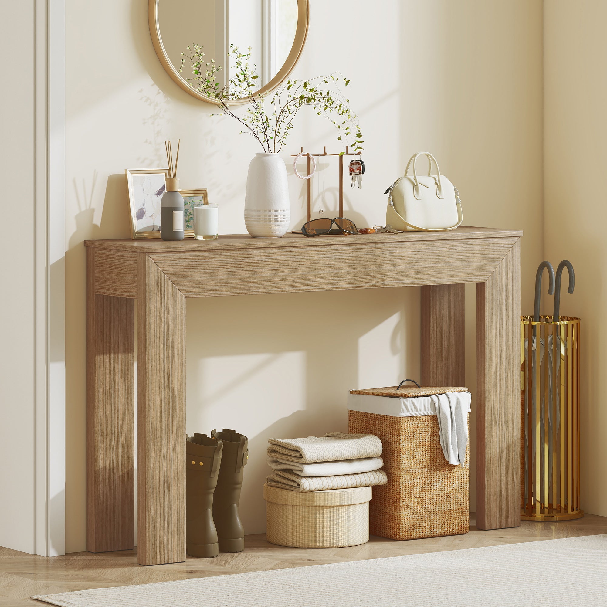 Modern Console Table, 47" Narrow Entryway Table, Natural Wood