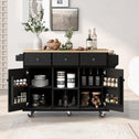 Kitchen Cart with 5 Wheels, 3 Drawers, Storage Cabinets, Central Island with Rubberwood Drop-Leaf Countertop, 53" L x 29.5" W x 37" H, Black
