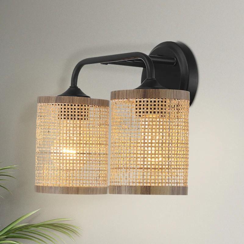 Double Light Vanity Wall Lamp with Natural Rattan Shade, Metal Construction, Ideal for Bathroom Decor, 7" L x 10" W x 12.5" H, Black