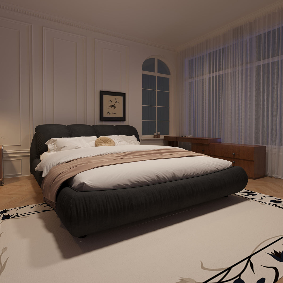 Queen Size Upholstered Bed with Oversized Padded Backrest, Solid Wood Frame, Adjustable Mattress Heights, 96.5" L x 70" W x 43.5" H, Black