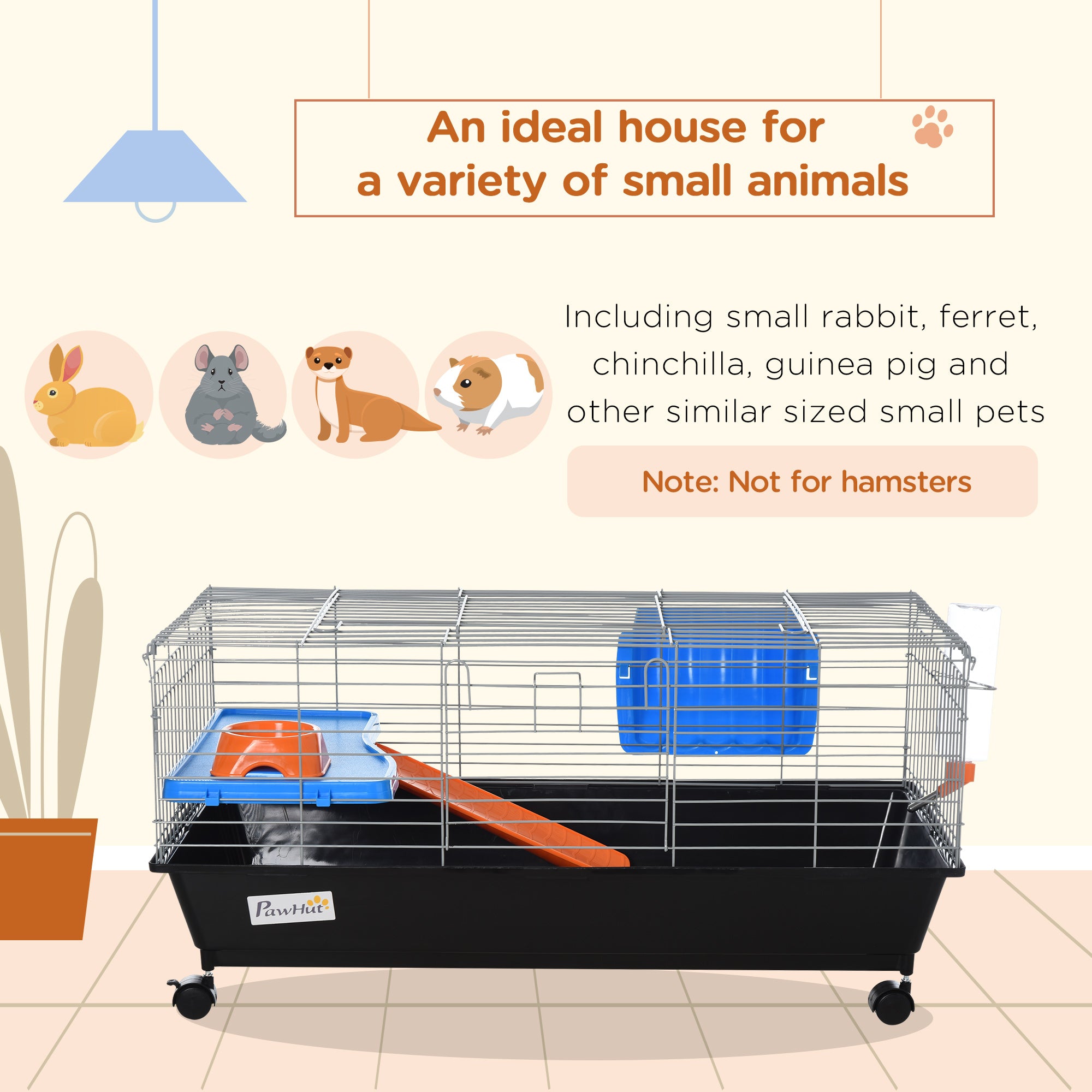 35"L Small Animal Cage with Food Dish, Water Bottle, Hay Feeder, Platform, Ramp for Chinchilla, Black