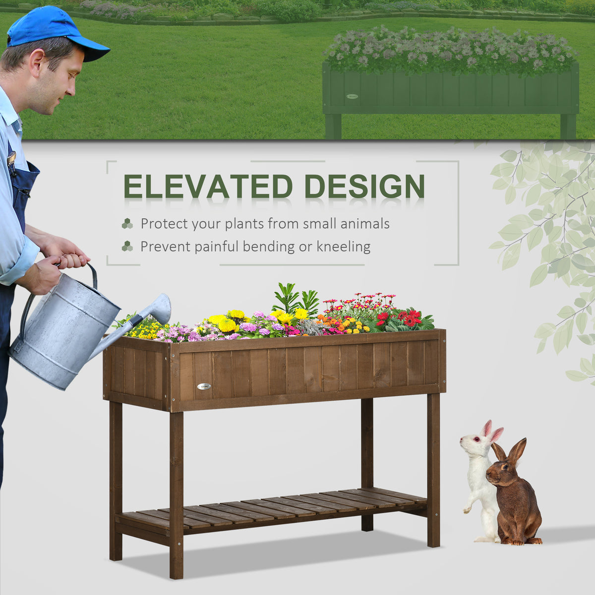 Wooden Raised Garden Bed, Elevated Planter Box Stand with 8 Slots and Open Shelf, Dark Brown