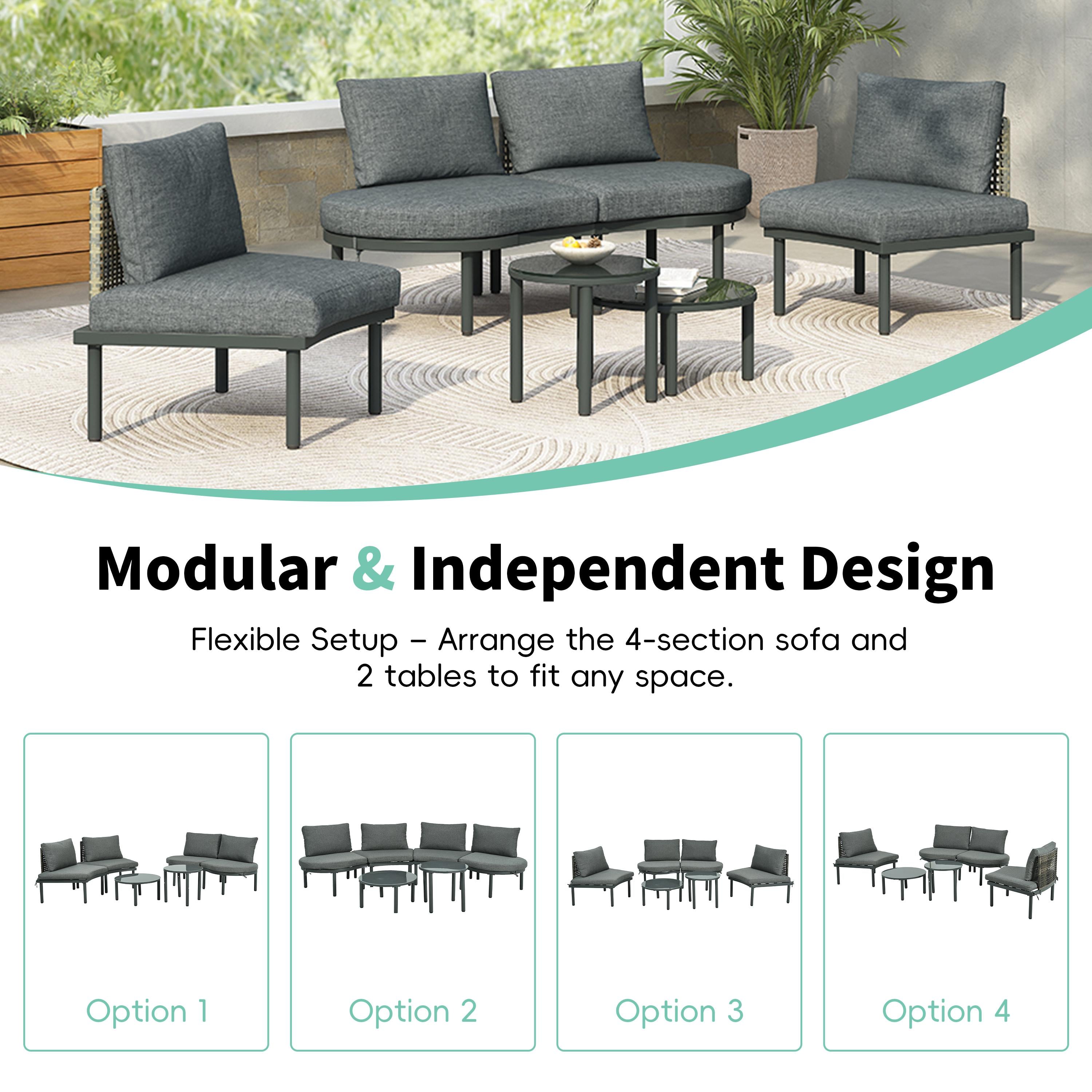 6-Piece Half Moon Sectional Sofa with 2 Coffee Table & Cushions, Modular Wicker Conversation Set for Patio, 34.5'' L x 25.5'' W x 12.5'' H, Gray