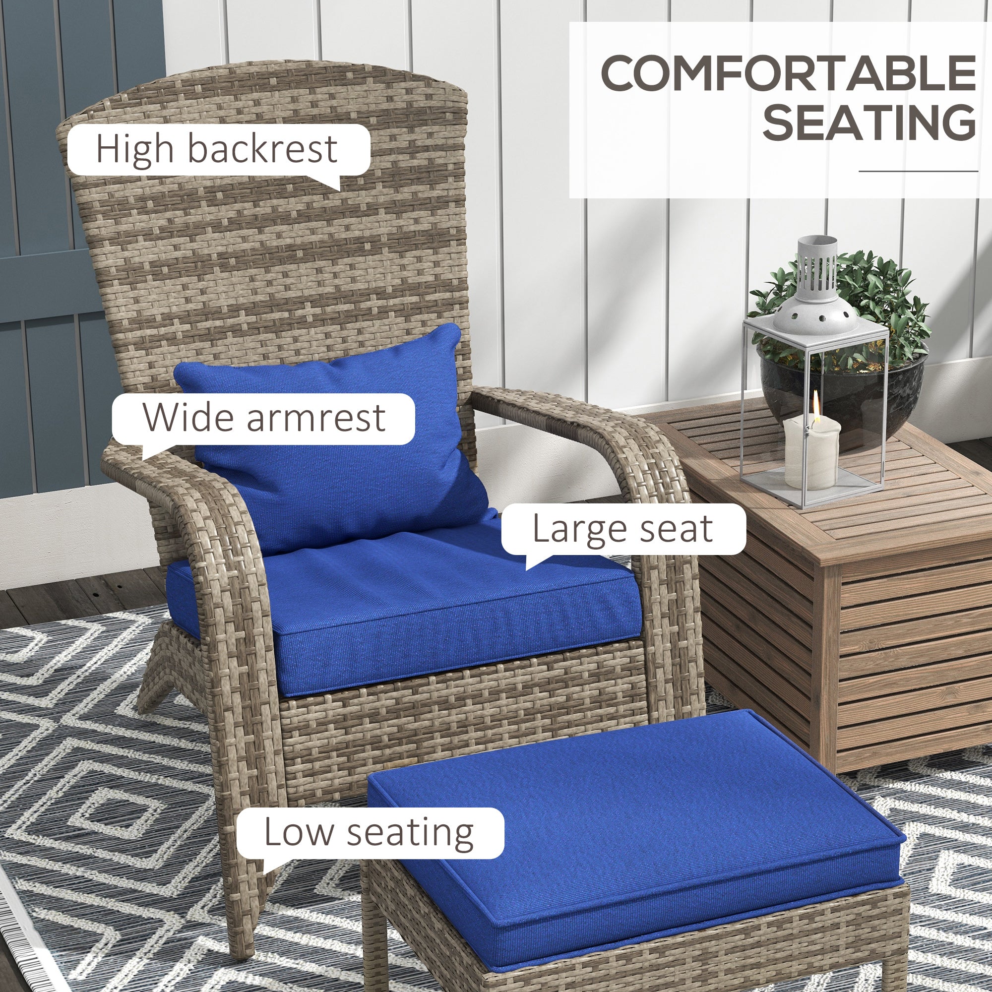 Wicker Adirondack Chair Fire Pit Chair w/ Ottoman & Cushions, Blue
