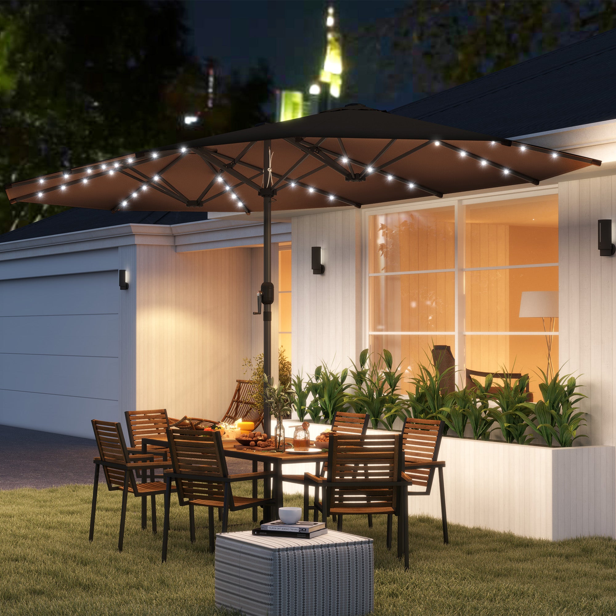 Garden Parasol, Double-Sided Sun Umbrella with LED Solar Lights, Patio Parasol for Outdoor, Coffee
