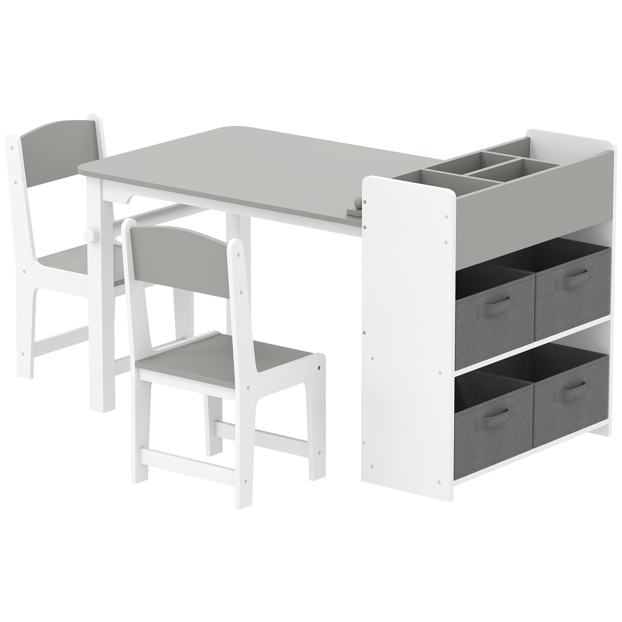 Kids Desk and Chair Set with Paper Roll, Kids Activity Craft Table with Storage Shelves and Drawers, Gray
