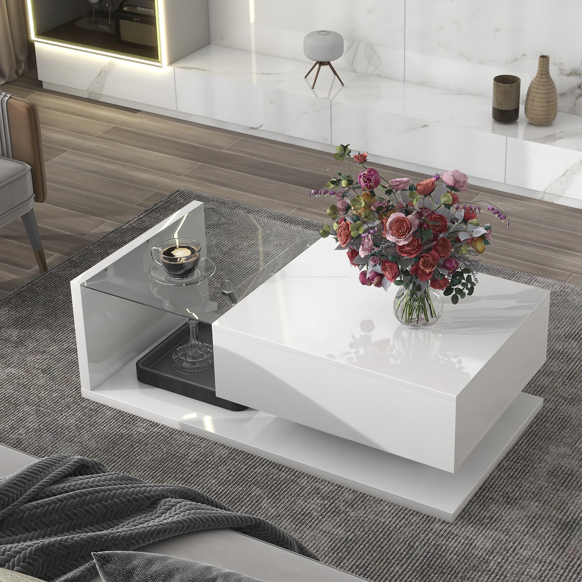 Modern Coffee Table with Tempered Glass, Wooden Cocktail Table with High-Gloss UV Surface, 2-Tier Rectangle Center Table for Living Room, White