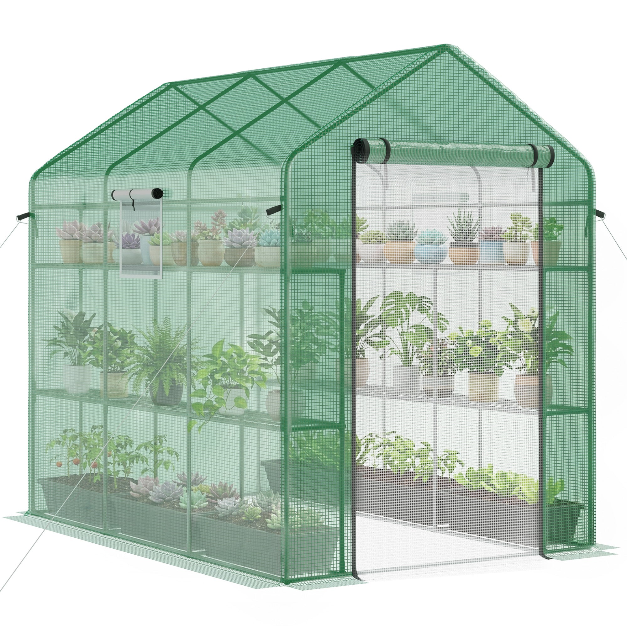 7' x 5' x 6' Walk-in Greenhouse for Outdoors with Mesh Door and Windows, 18 Shelf Hot House with Trellis, Plant Labels, UV Protective for Growing Flowers, Herbs, Vegetables, Saplings, Green