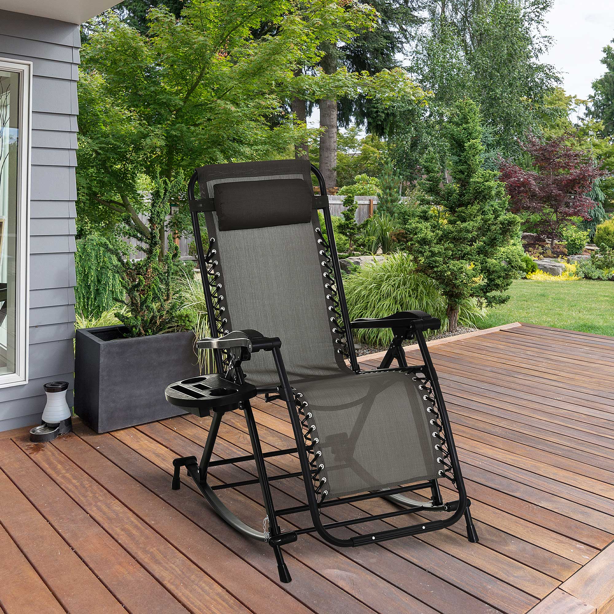 Outdoor Rocking Chairs, Foldable Reclining Zero Gravity Lounge Rocker with Pillow, Cup & Phone Holder, Combo Design with Folding Legs, Gray