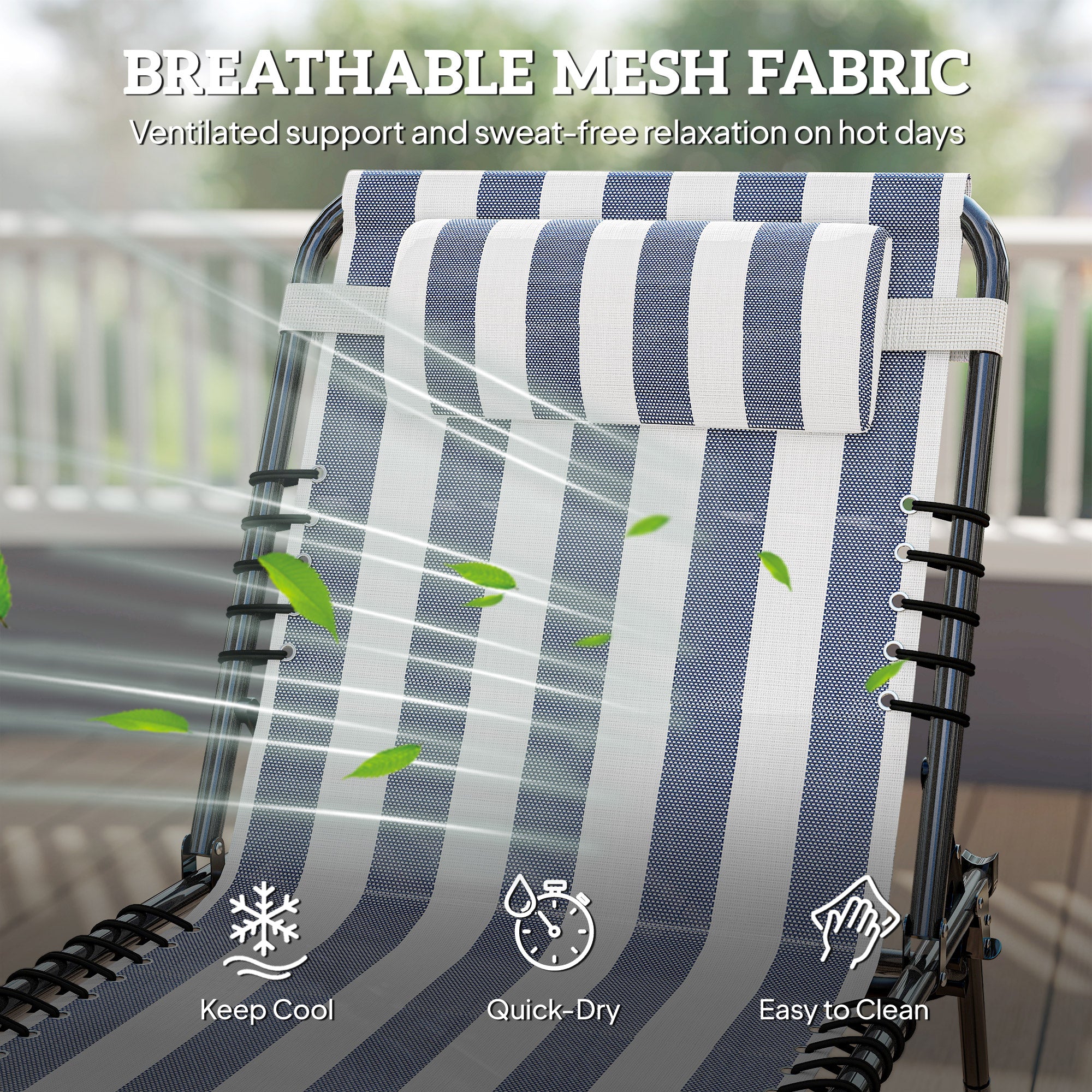 2 Folding Chaise Lounge Pool Chairs with 4-Position Reclining Back, Pillow, Breathable Mesh & Bungee Seat, Blue White