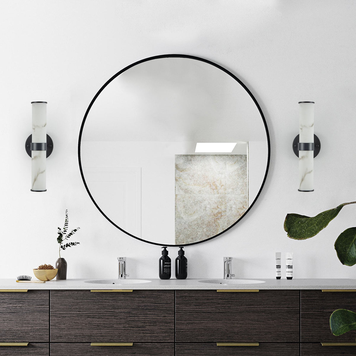 Set of 2 Resin Marble Texture Wall Lights with Iron Metal Frame, Elegant Lighting Fixtures for Hallways, Bedrooms, 5" L x 5.5" W x 14" H, Black