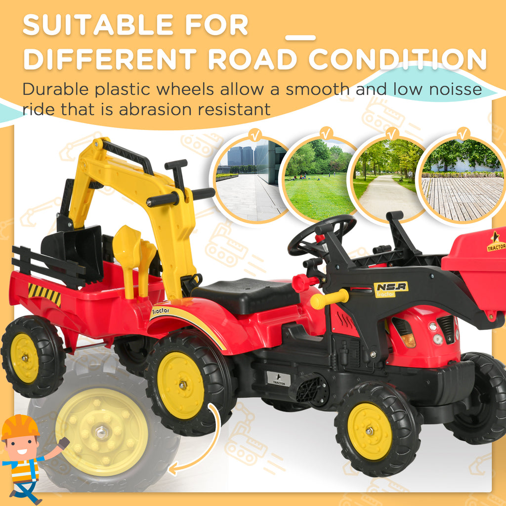 3 in1 Kids Ride On Bulldozer Excavator Toy with 6 Wheels Controllable Cargo Trailer Easy Pedal Controls for 3-6 Years