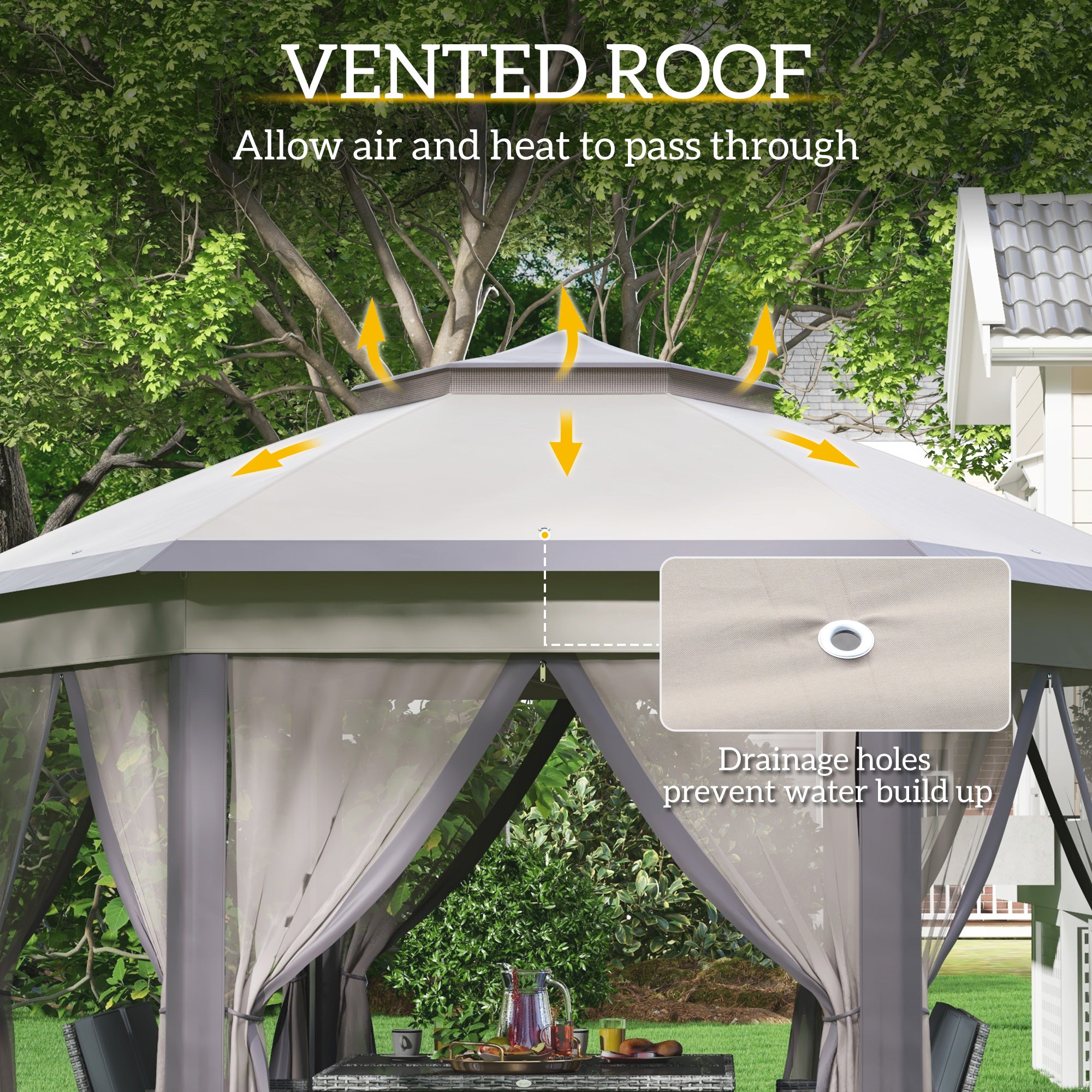 13' x 13' Pop Up Gazebo Hexagonal Canopy Shelter with 6 Zippered Mesh Netting for Patio Backyard Garden Wedding Party