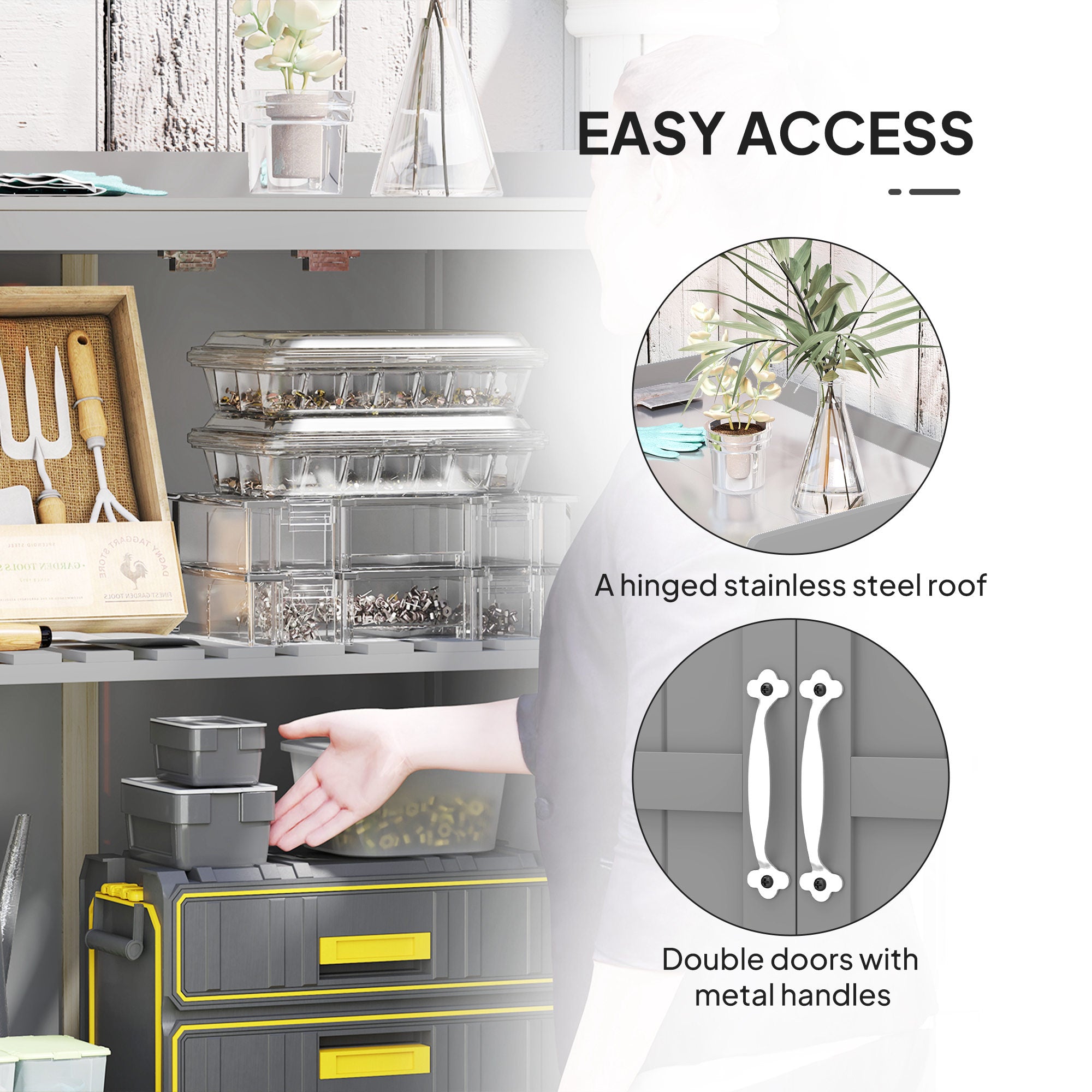 Outdoor Storage Cabinet, Garden Tool Shed with Metal Tabletop and Shelf, Wooden Potting Bench with 2 Doors, Gray