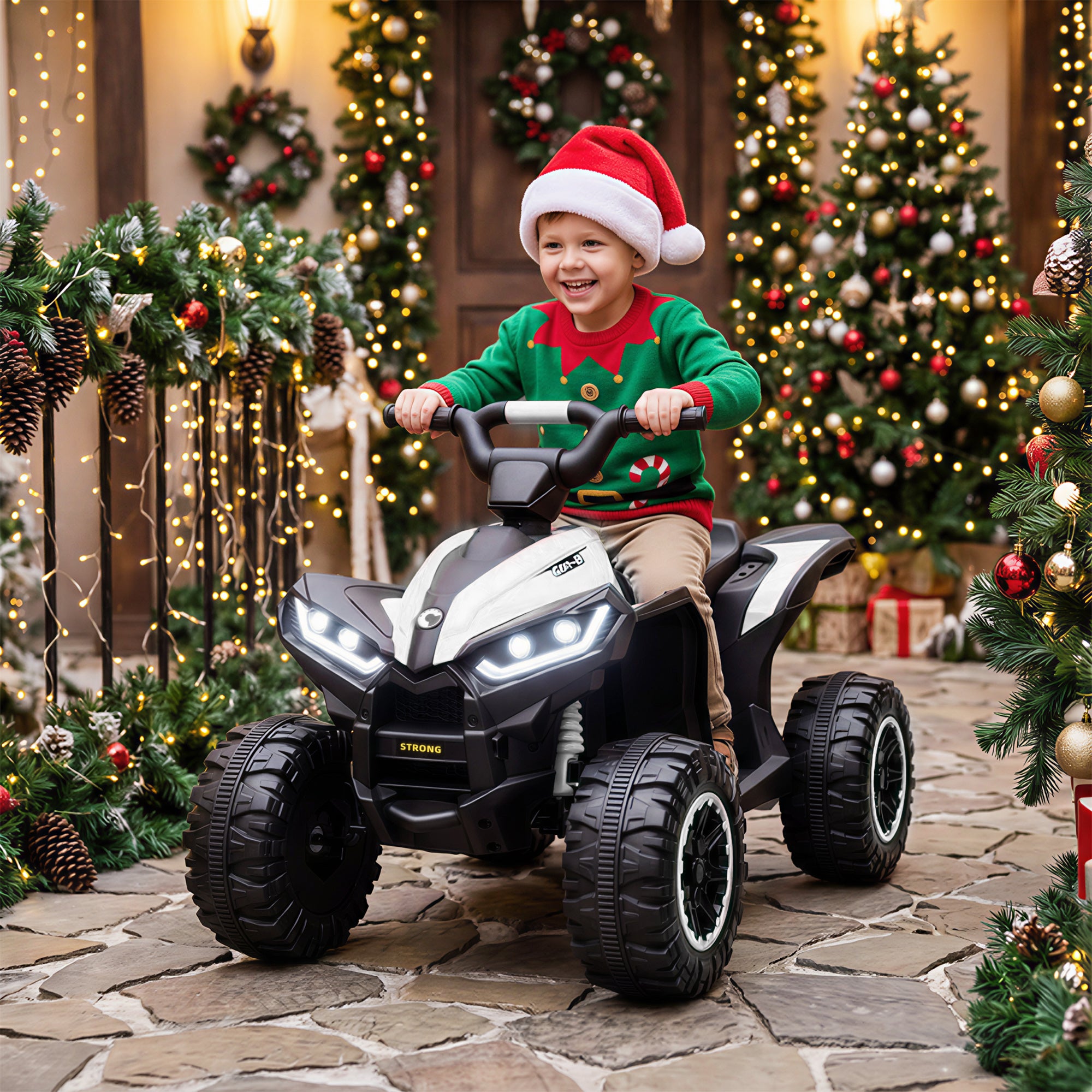 Kids ATV 4 Wheeler, 12V Kids Ride On Toy with Dual Motors, High & Low Speed, Music, Headlights, Up to 3.7 MPH, White